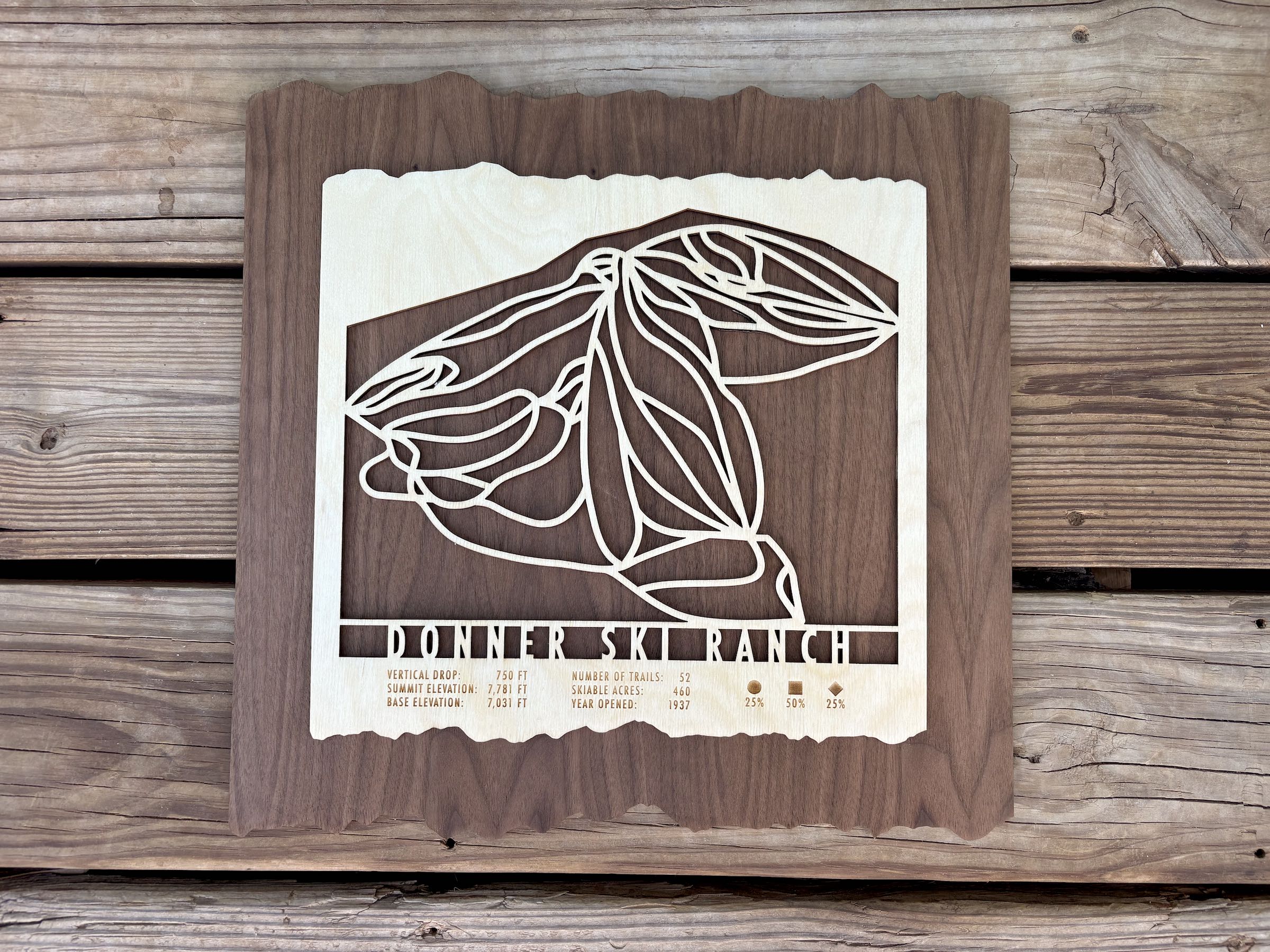 Donner Ski Ranch Trail Map - Wood Ski Decor displayed on wood background, showcasing handcrafted mountain artwork for ski lovers.
