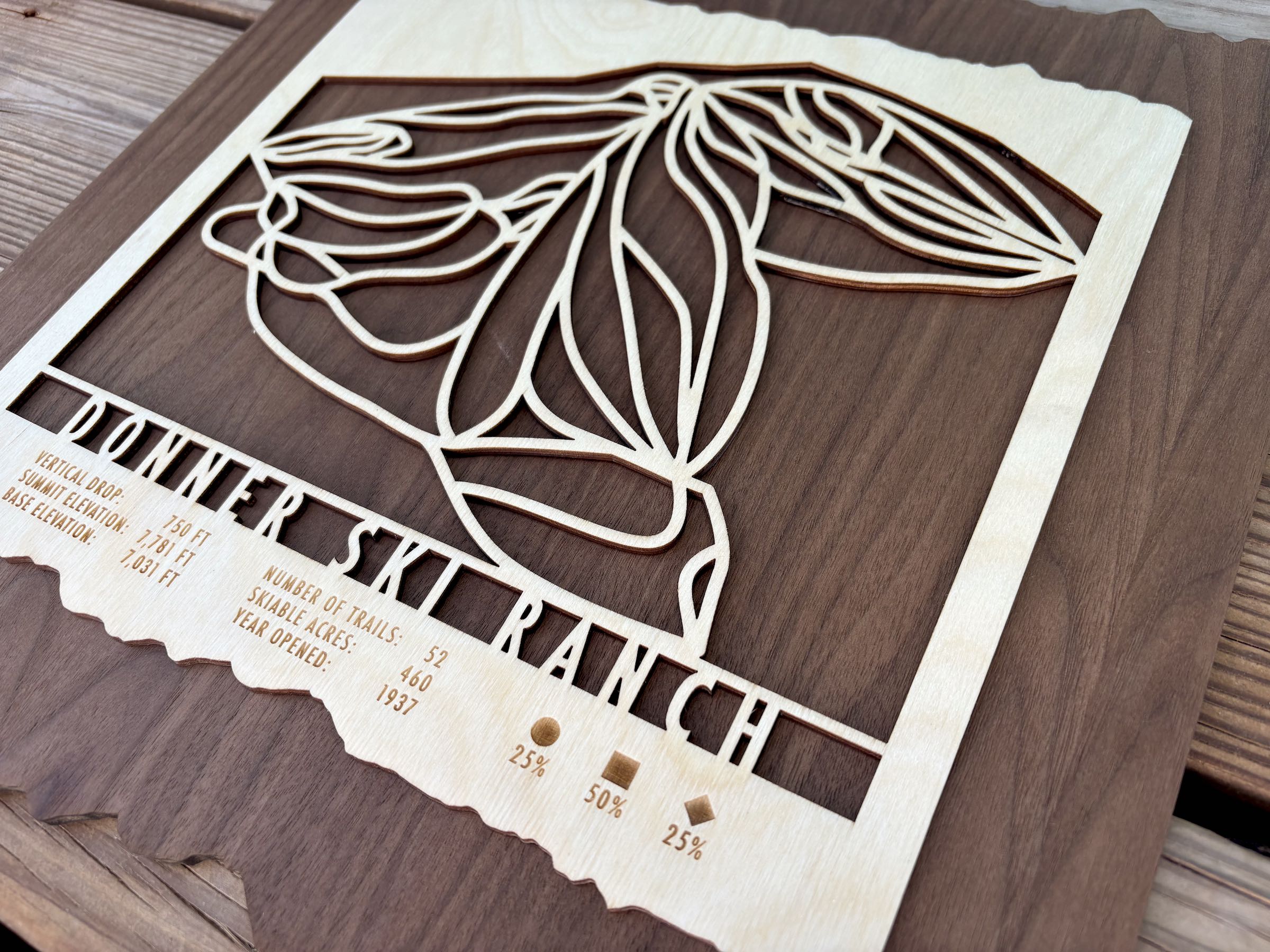 Close-up of Donner Ski Ranch wood trail map showing intricate ski run details and engraved resort stats, perfect for rustic ski decor.