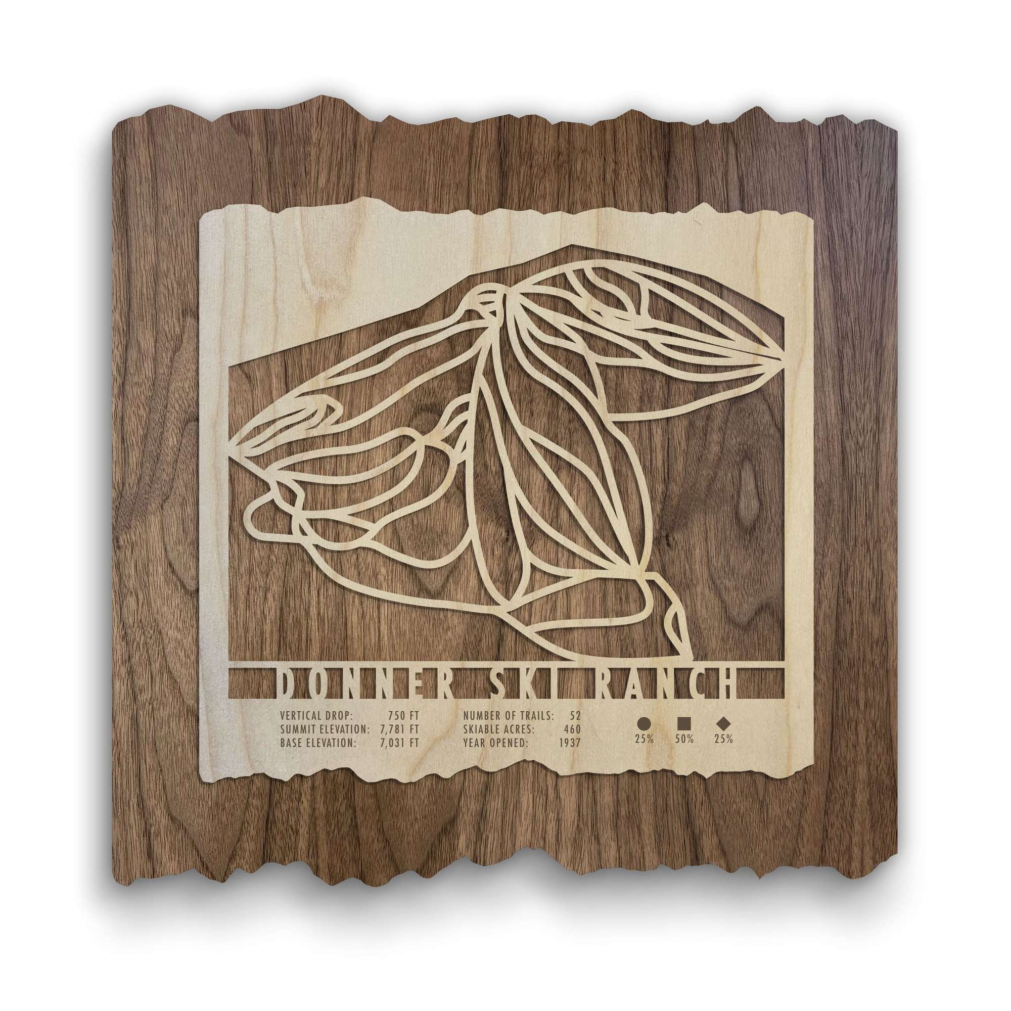 Donner Ski Ranch Trail Map - Wood Ski Decor by Mountaincut featuring laser-cut ski runs on natural wood, ideal for ski home wall art.
