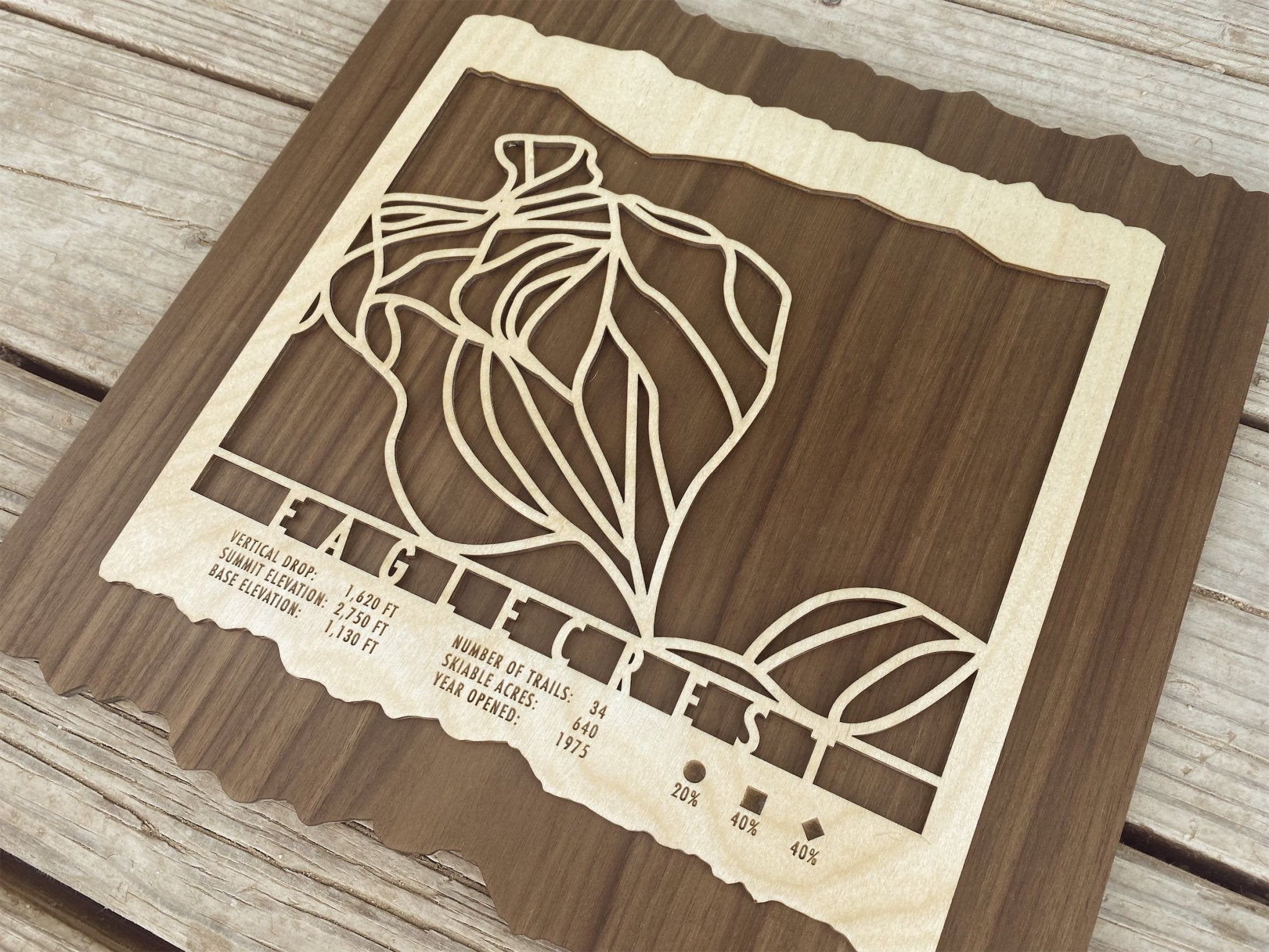 Laser-cut Eaglecrest Ski Area wood map by MountainCut, showcasing trail layout and engraved resort details for stylish wall art.