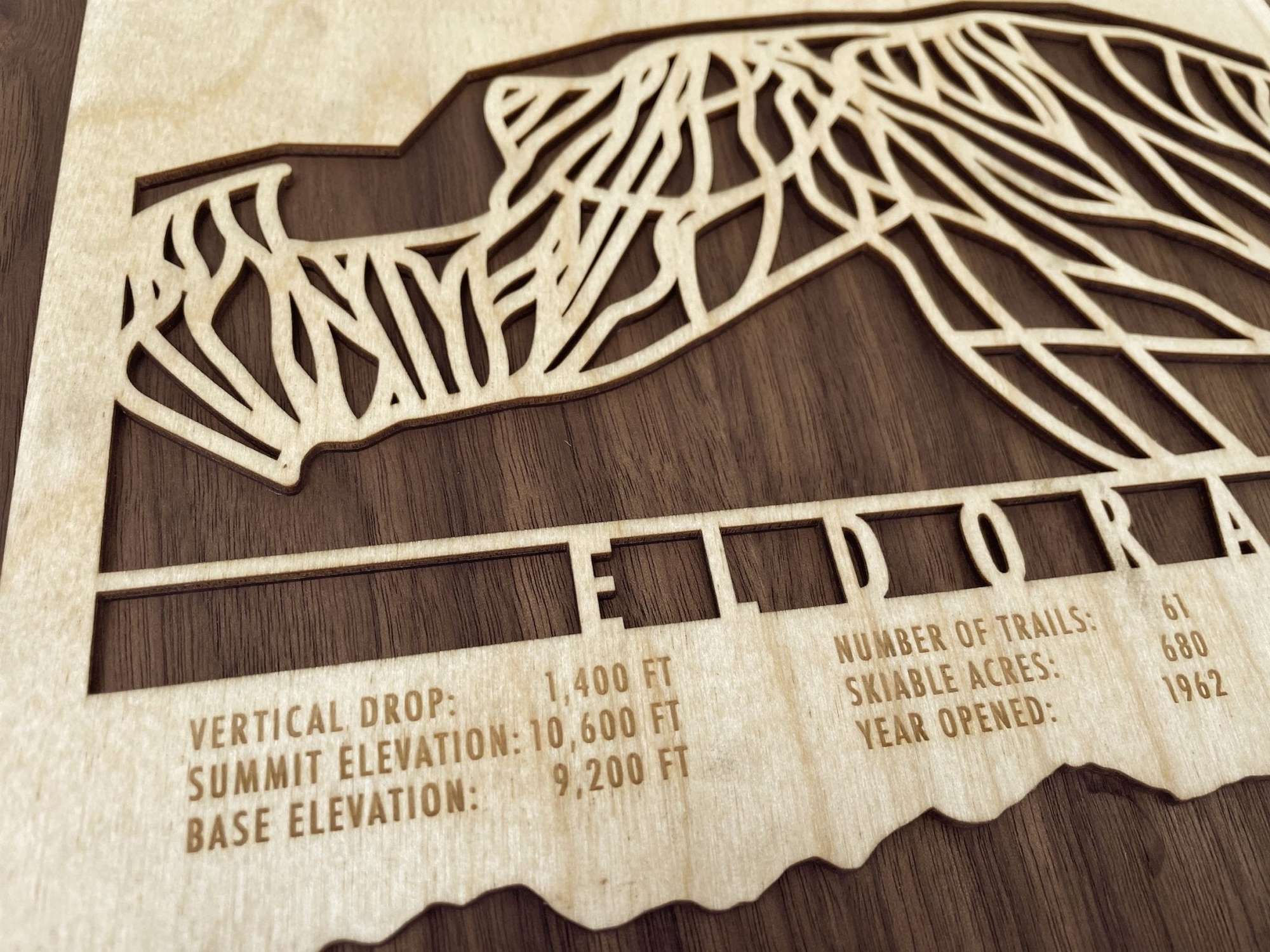 Close-up of Eldora wood ski map showing engraved trail names, elevations, and resort stats, handcrafted for ski wall art collectors.