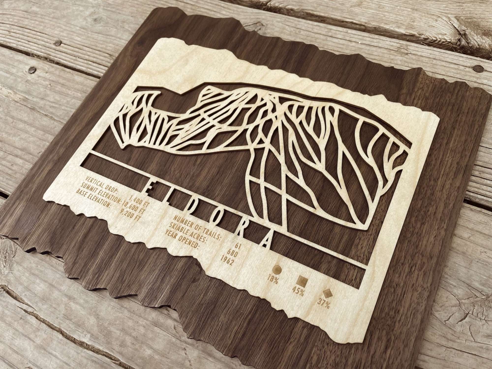 Laser-cut Eldora Ski Trail Map in wood with detailed ski runs and resort data, a unique Colorado ski decor piece for mountain homes.