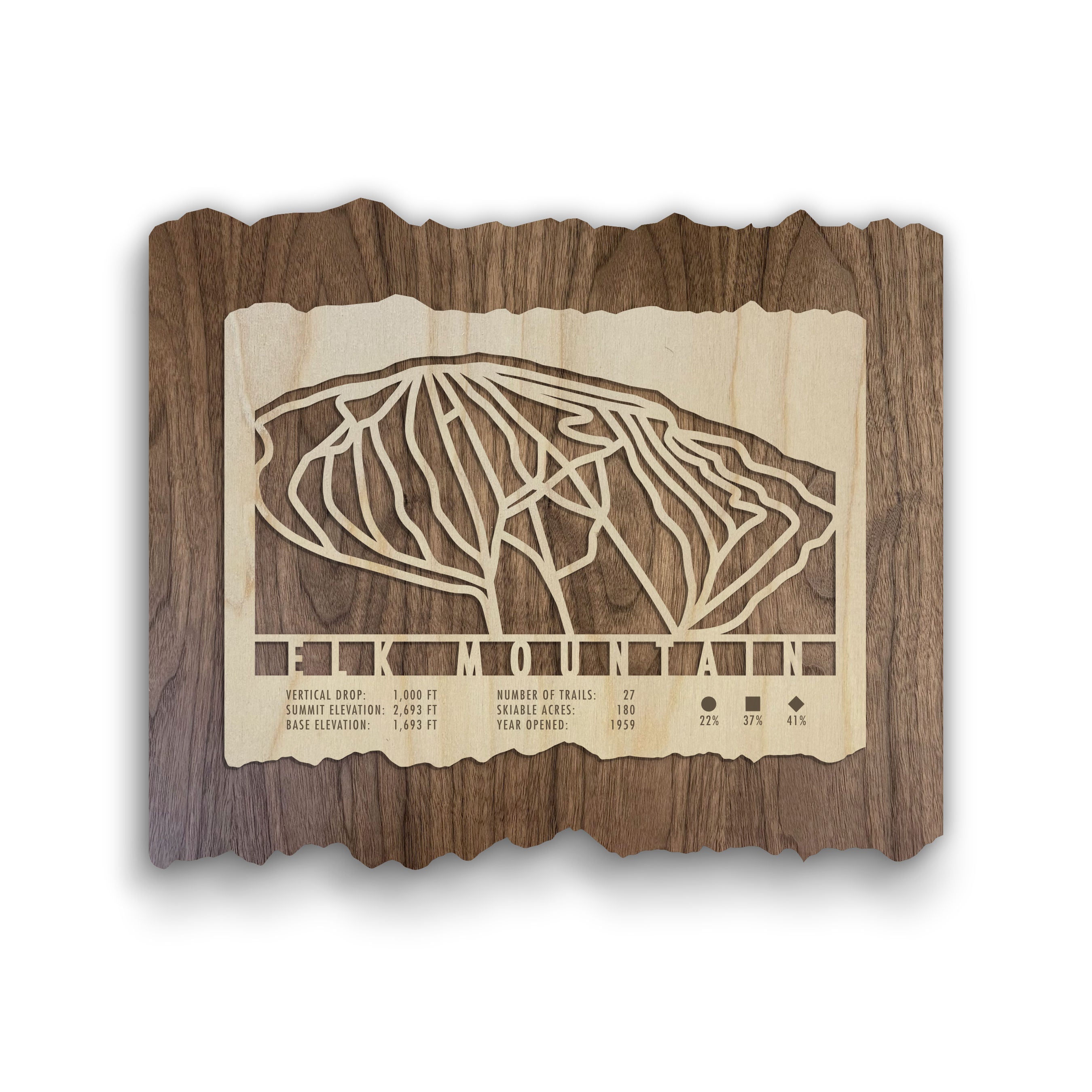 Elk Mountain Trail Map - Wall Decor - MountainCut wooden ski map featuring engraved trail lines and resort stats, ideal for rustic home or lodge decor.