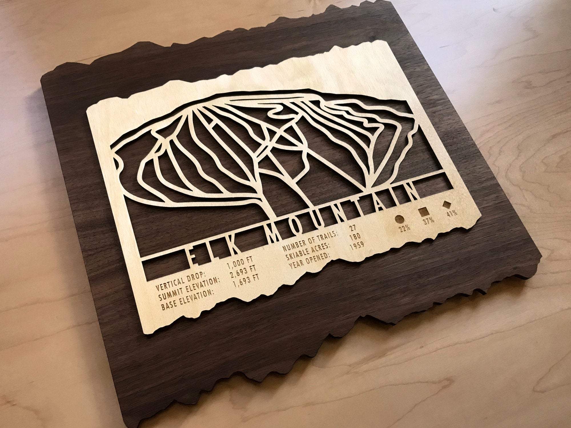 Wooden Elk Mountain trail map wall art by MountainCut, showcasing detailed ski trails and resort information on a layered wood panel.