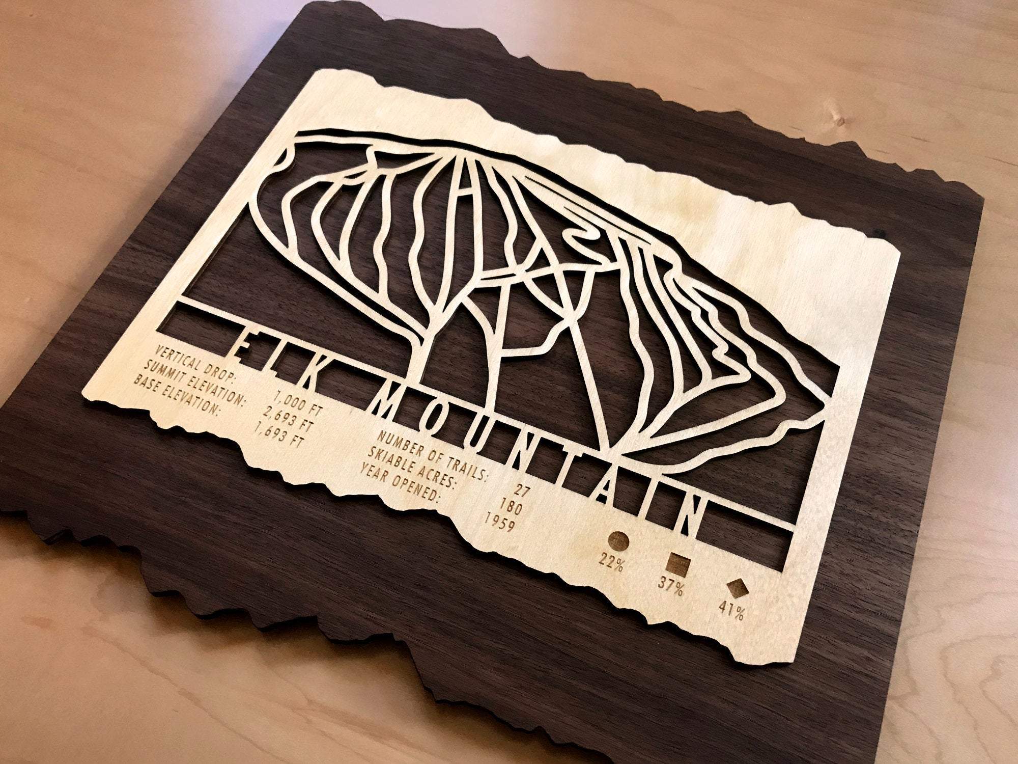 Custom Elk Mountain ski trail map carved in wood, highlighting trail layout and resort data, perfect for Pennsylvania ski enthusiasts' wall decor.
