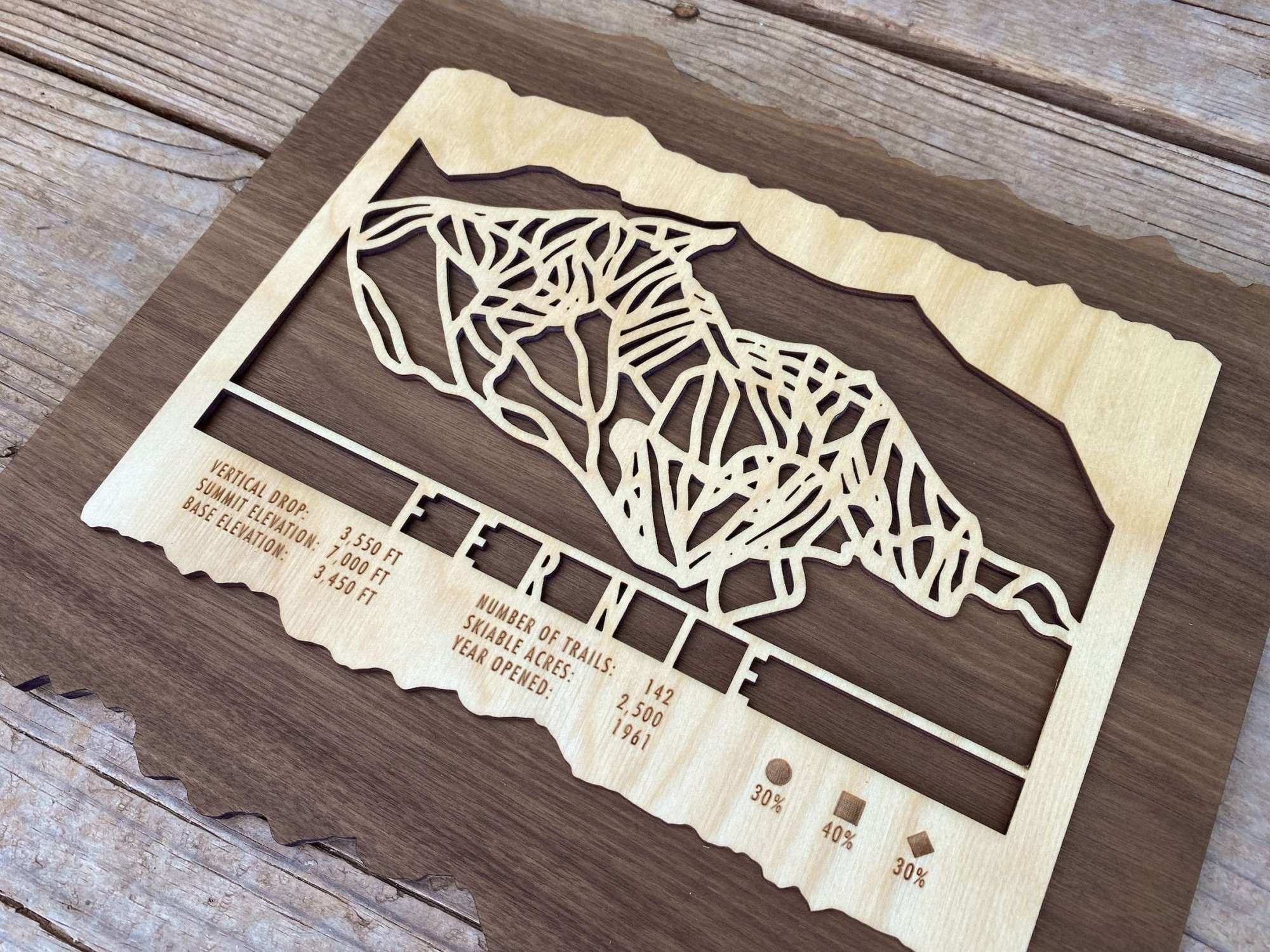Angled view of Fernie Ski Trail Map in wood, highlighting trail layout and engraved ski data, ideal for rustic ski home decoration.