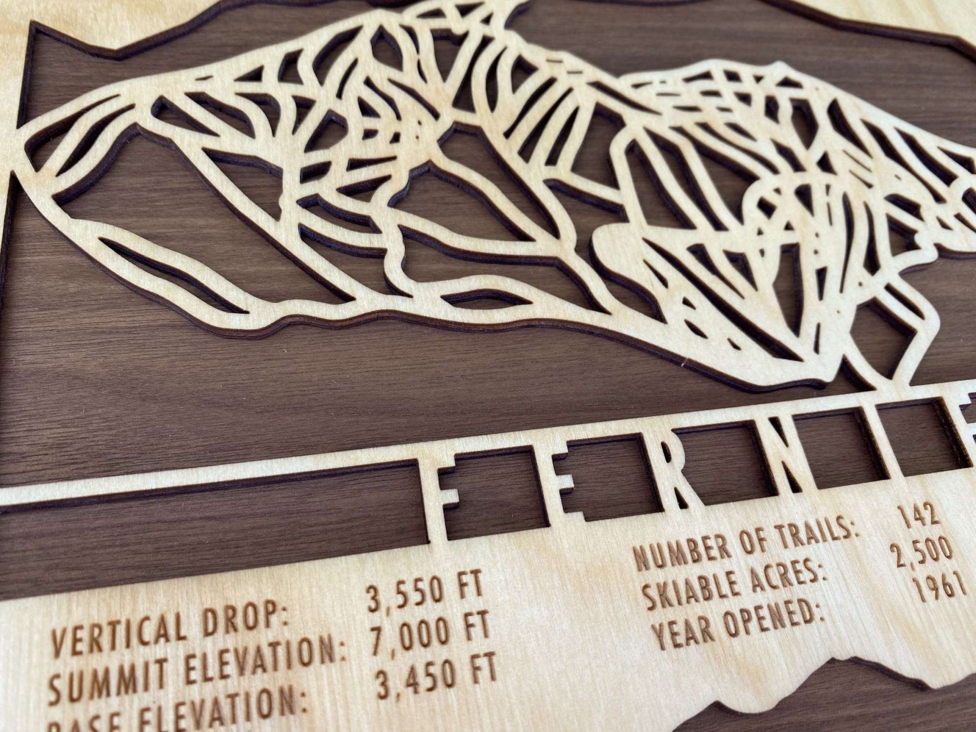 Close-up of Fernie Ski Trail Map wood decor showing intricate laser-cut trail design and engraved resort statistics for ski enthusiasts.