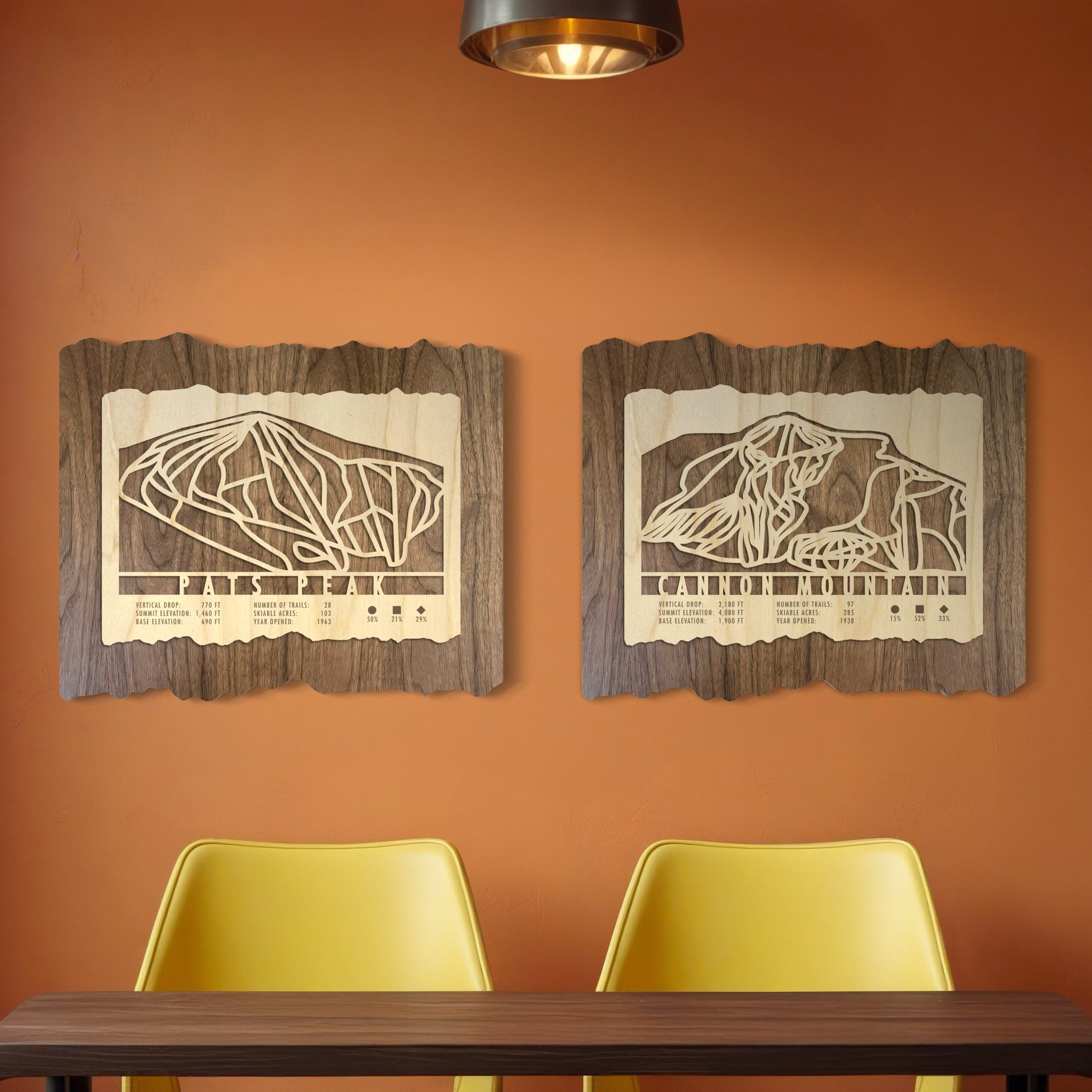 Two wood ski trail maps hanging on orange wall featuring two New Hampshire ski areas.