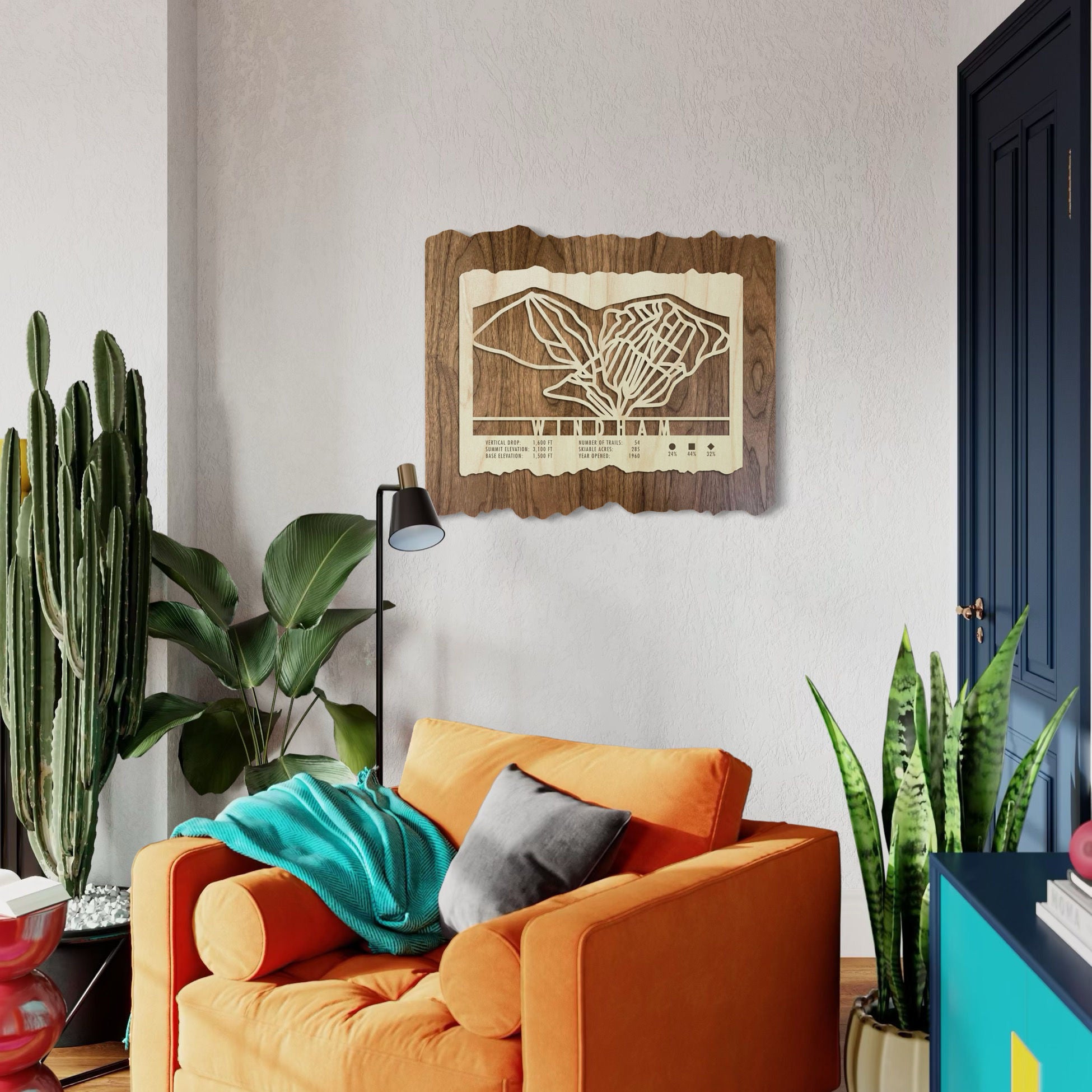 Windham ski trail map wood wall decor hanging on white wall in a nicely decorated living room