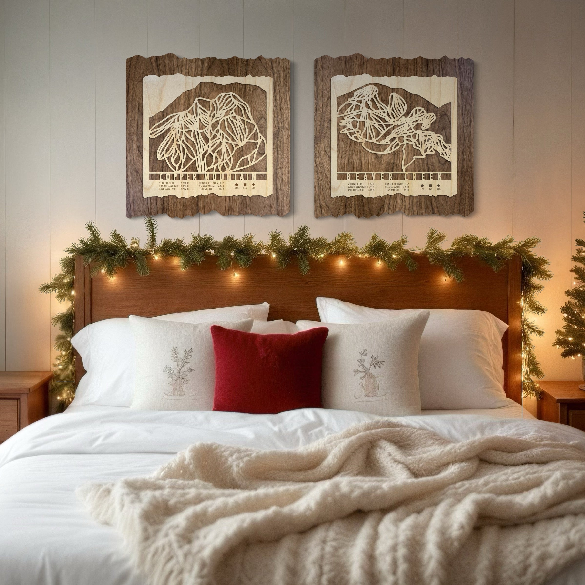 Gifts for skiers, these Copper Mountain and Beaver Creek wood ski trail maps in a Christmas-decorated bedroom