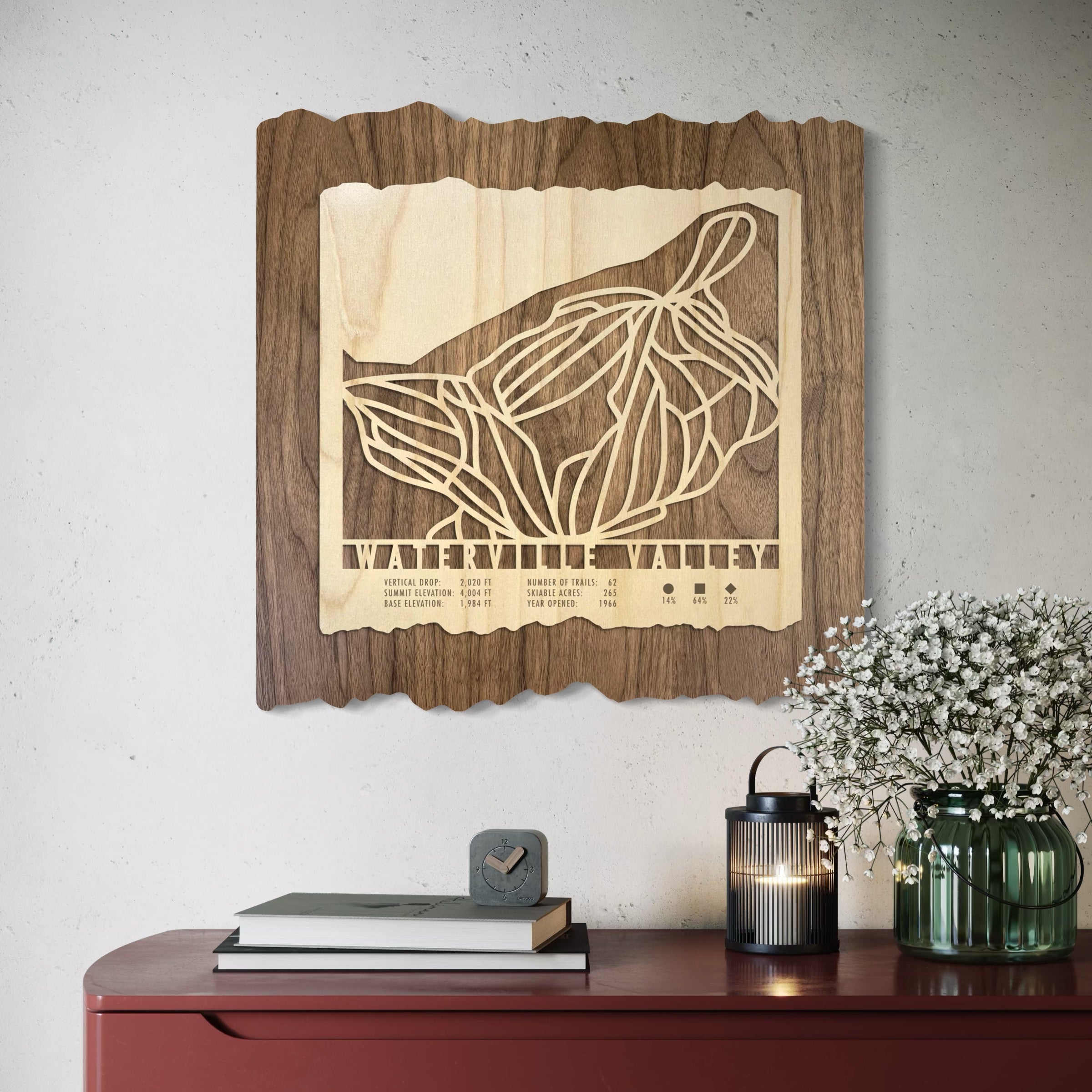 Waterville Valley ski trail map. One of the premier ski resorts in New Hampshire. Hanging on wall.