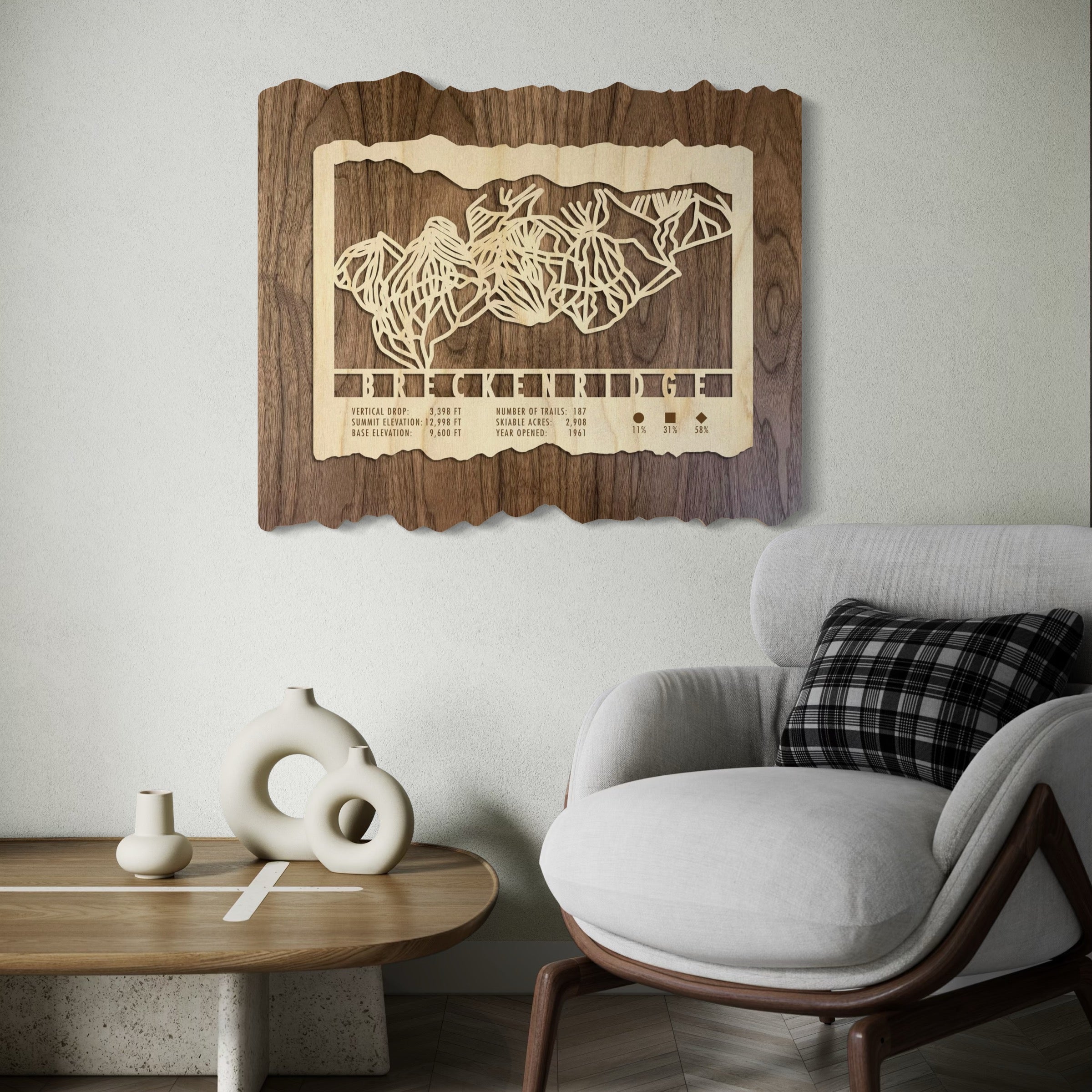 Breckenridge ski trail map wood wall decor hanging on a wall of a well-apointed room.
