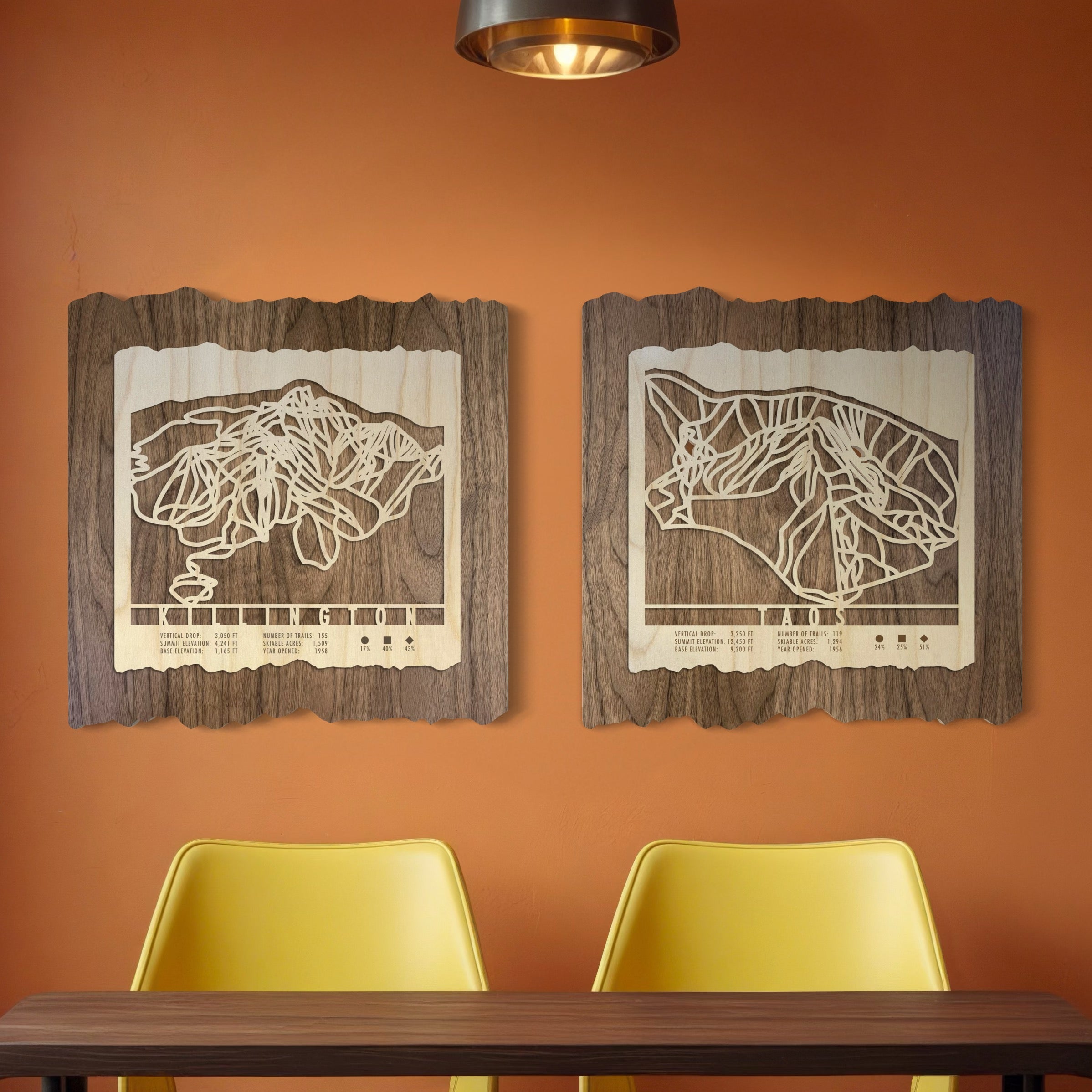 Two Mountaincut wood ski trail maps hanging on an orange wall. Killington and Taos.