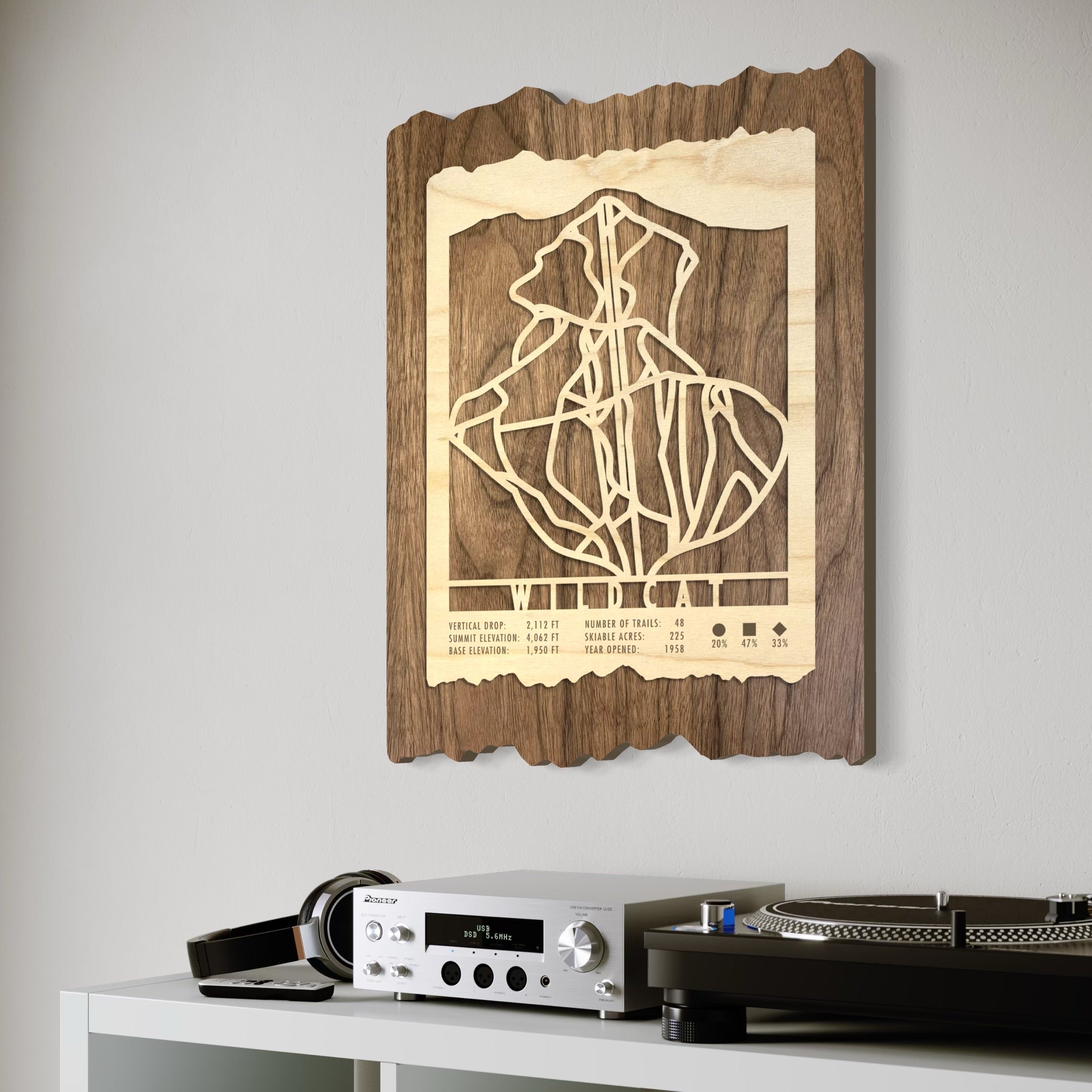 Wildcat New Hampshire ski trail map hanging on wall above stereo