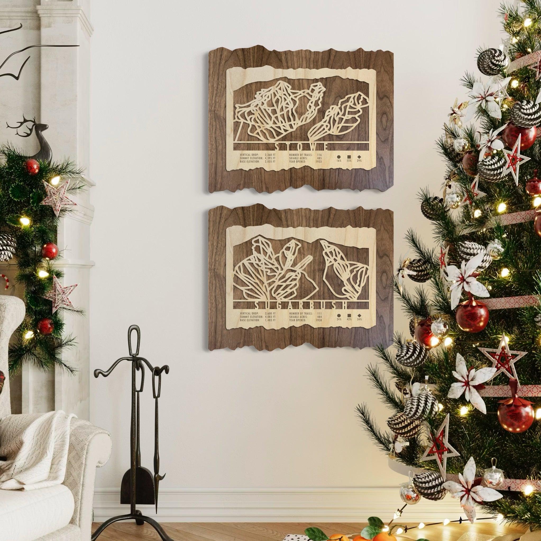 Gift for skiers - wood ski trail map of Stowe and Sugarbush hanging on a wall near a Christmas tree