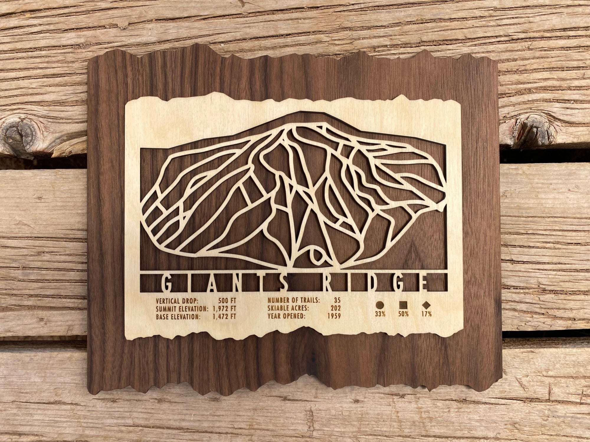 Rustic Giants Ridge Trail Map - Wall Art - laser cut ski trails and resort data of the snowy Minnesota ski resort.