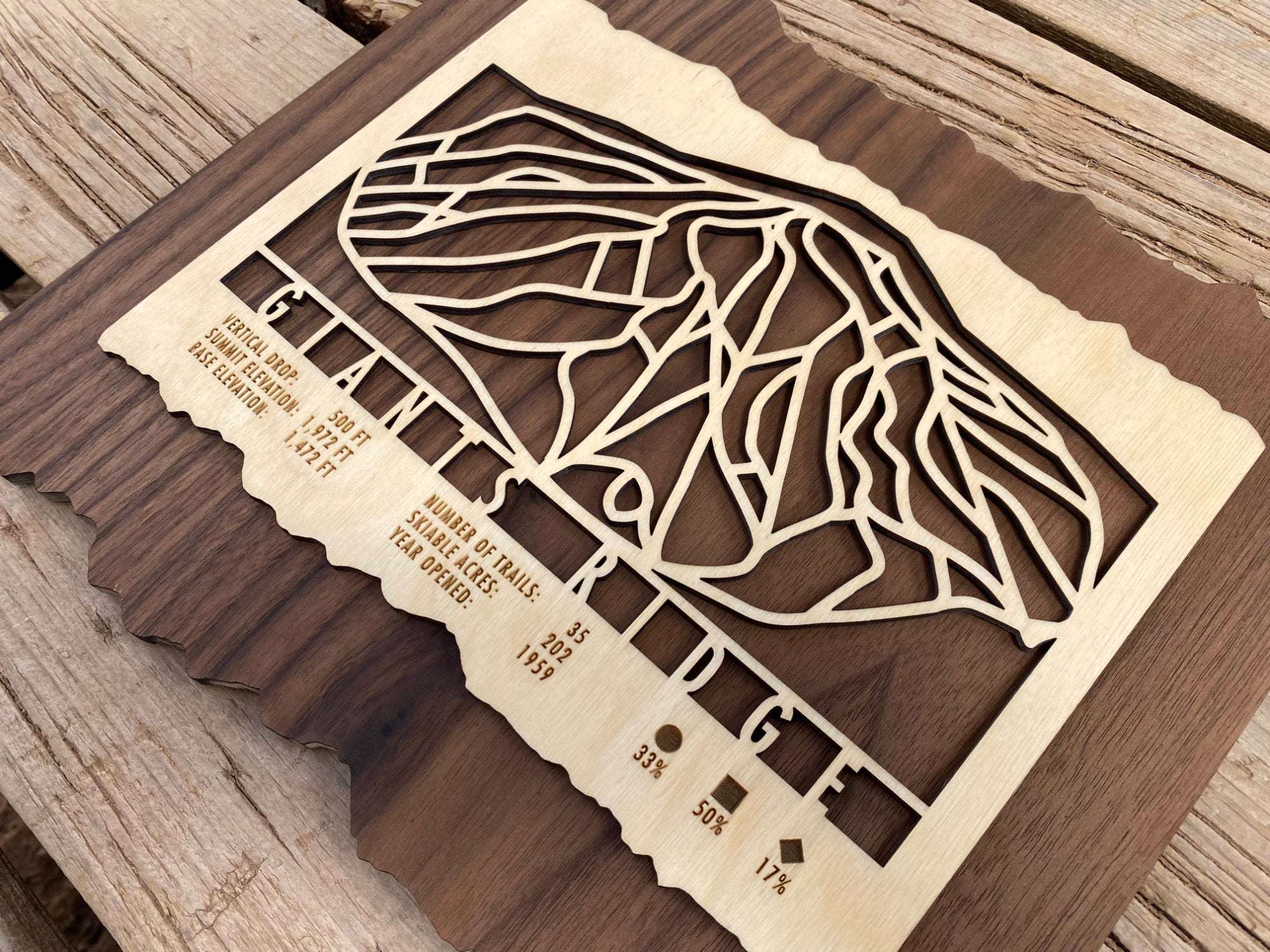 Close-up of Giants Ridge Ski Trail Map - Ski Decor - showing laser-cut ski trails and engraved elevation and trail data in wood.