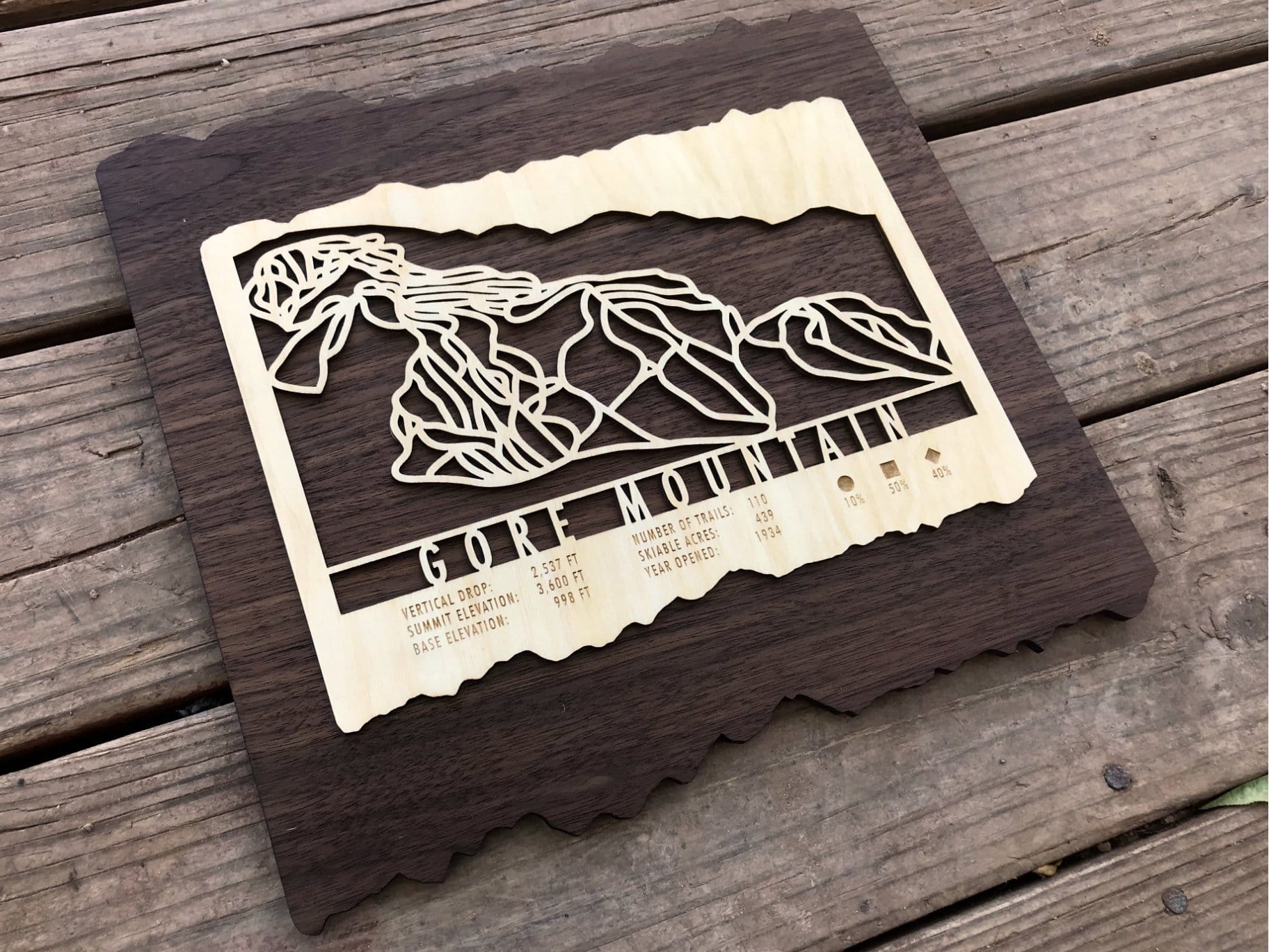 Wooden Gore Mountain Ski Trail Map by MountainCut displayed on a wooden deck, showcasing detailed trail lines and engraved elevation stats.