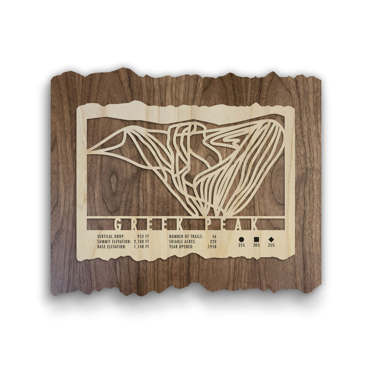 Greek Peak Ski Trail Map - Ski Decor by Mountaincut - wooden ski map featuring detailed trail lines and resort stats, ideal for rustic home or lodge decor.