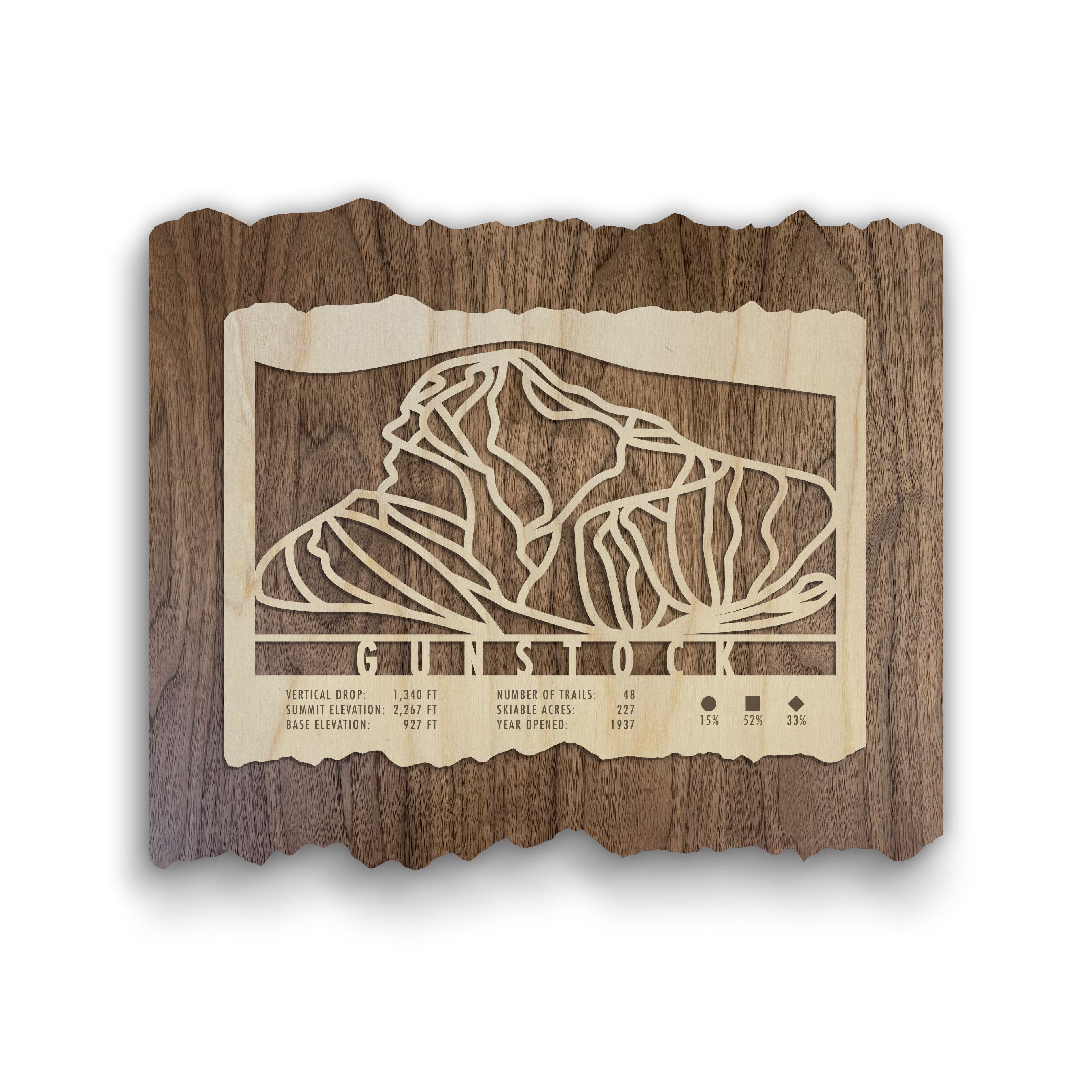Gunstock Trail Map - Wall Decor - MountainCut wood ski map featuring laser-cut trail lines and mountain profile, ideal for rustic home or lodge decor.