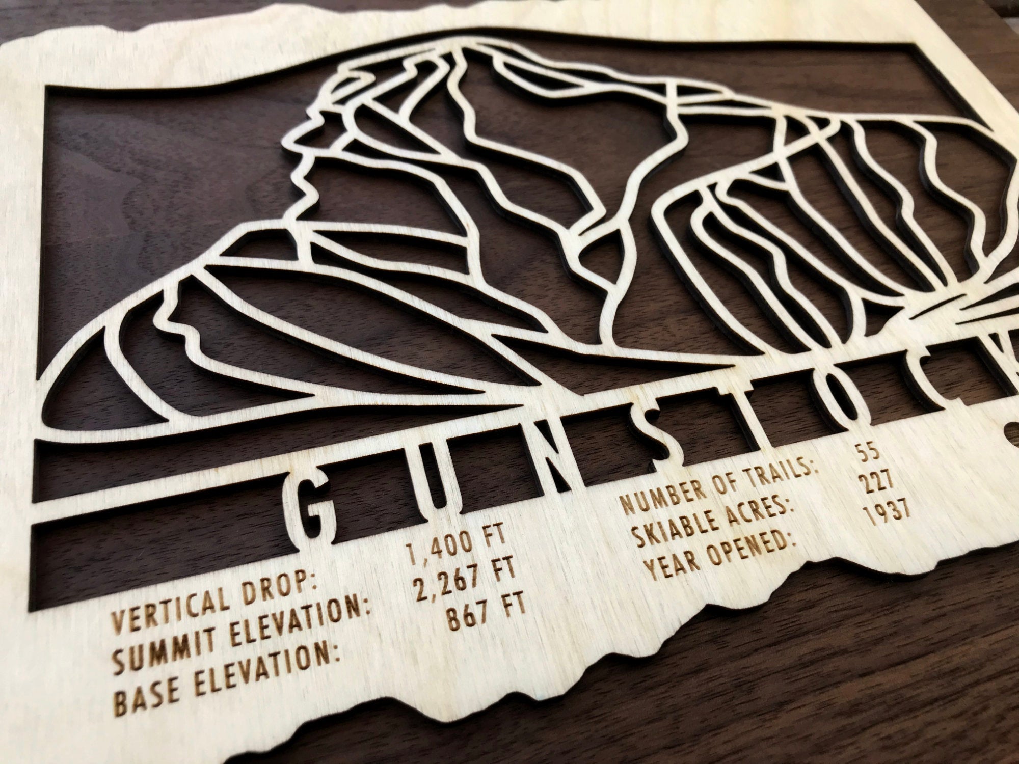 Gunstock Trail Map - Wall Decor - MountainCut close-up of engraved wood ski map with resort details like vertical drop, summit elevation, and number of trails.