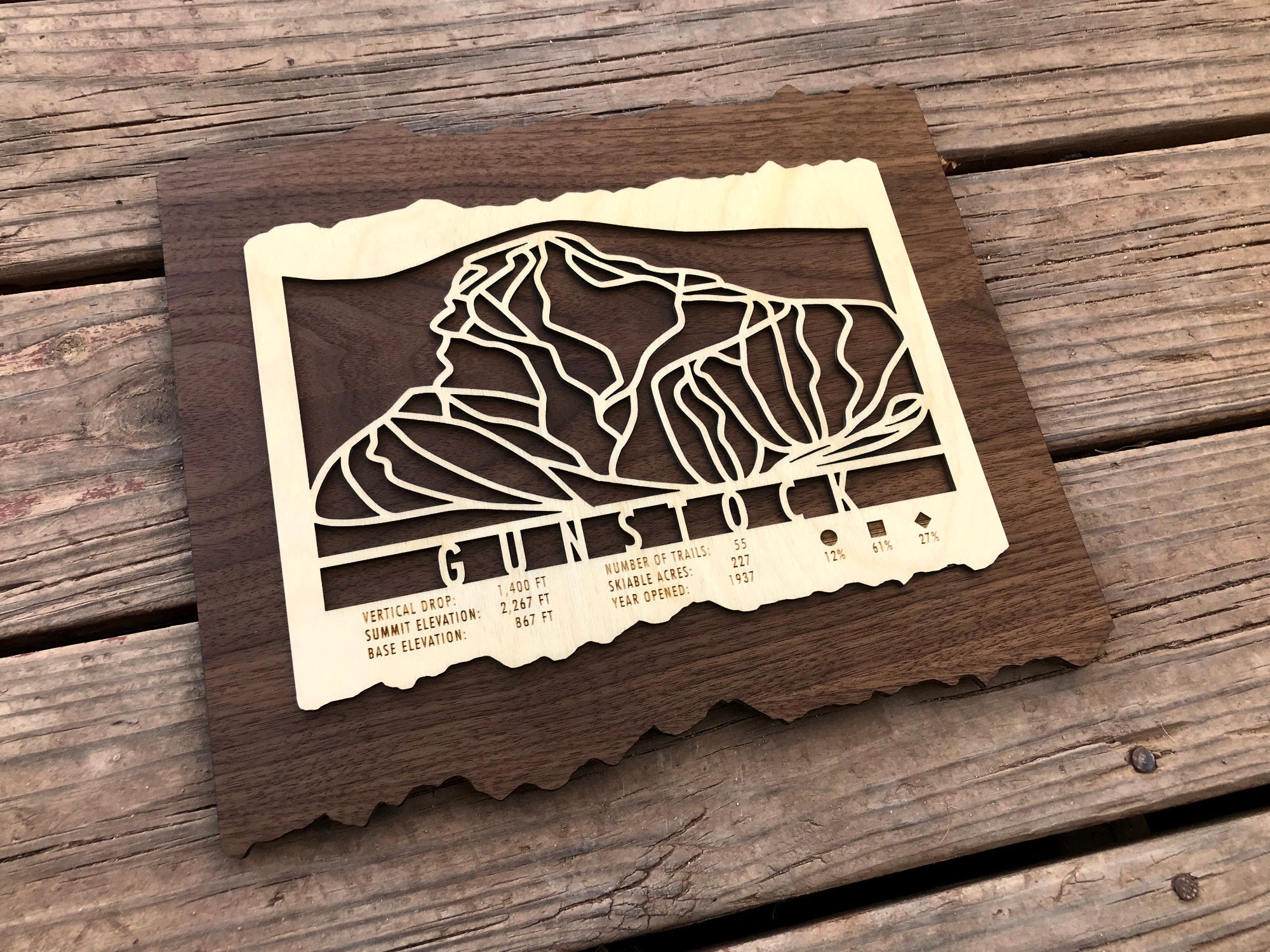 Gunstock Trail Map - Wall Decor - MountainCut handcrafted wooden ski map with engraved trail layout and resort stats, perfect for ski-themed wall art.