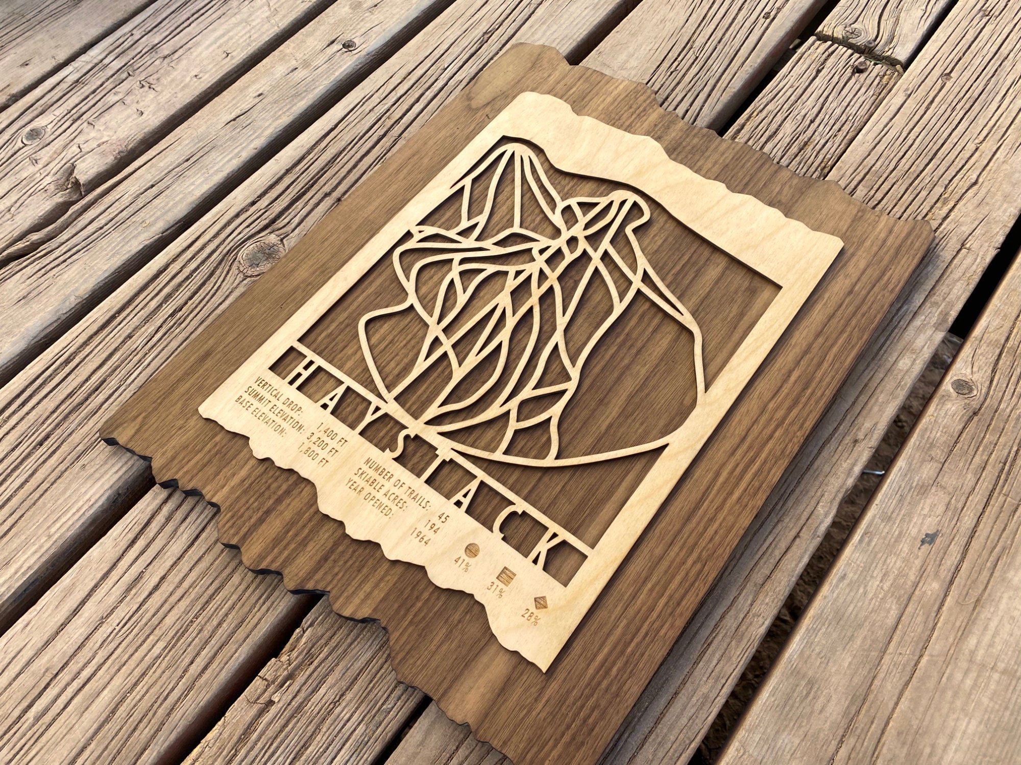 Wooden Haystack Mountain Trail Map by MountainCut, showcasing ski runs and resort data, ideal for ski-themed home or lodge wall decor.