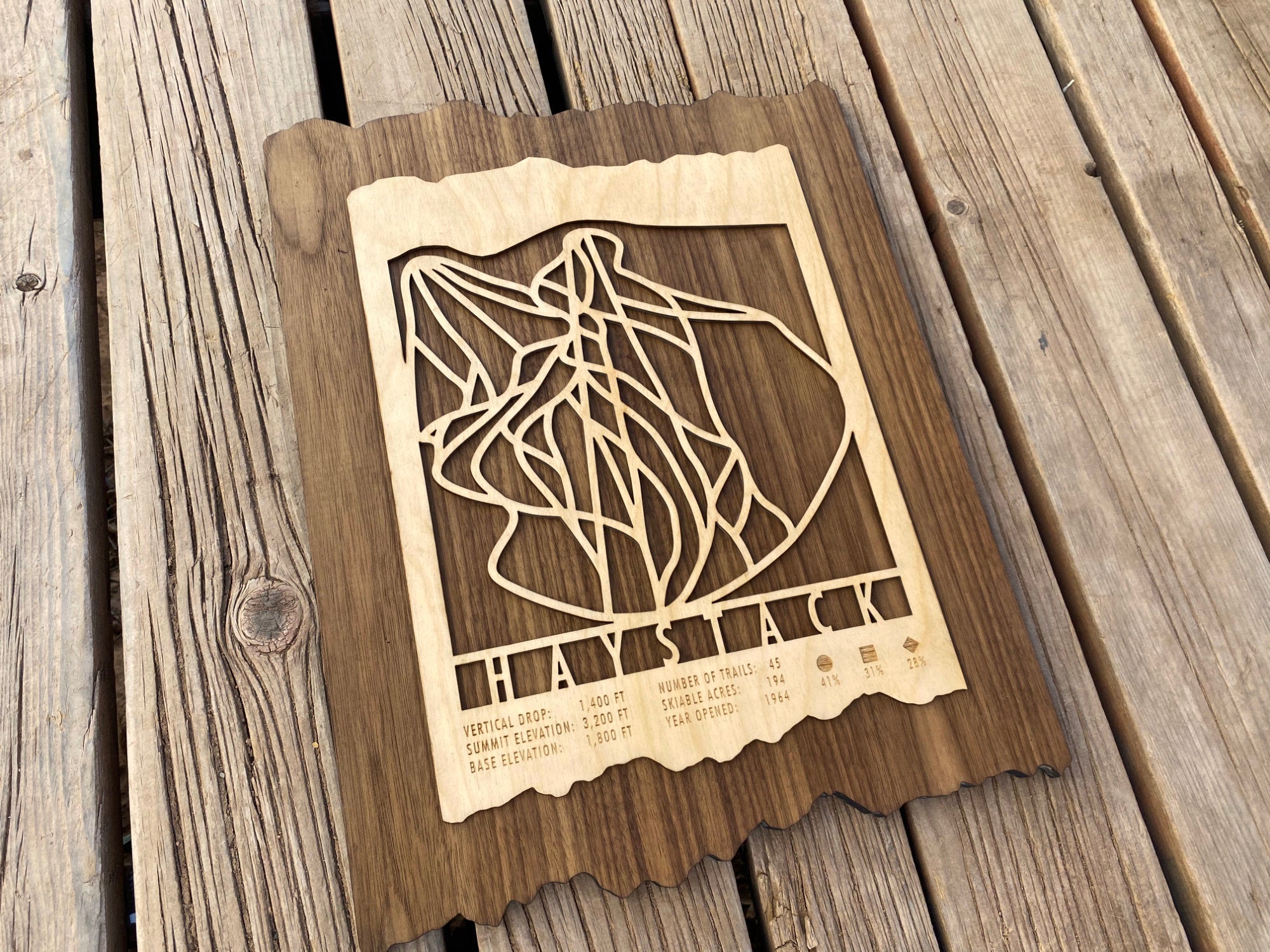Rustic Haystack Mountain ski trail map wall art by MountainCut, crafted from wood and ideal for Vermont lodge or cabin-themed interiors.