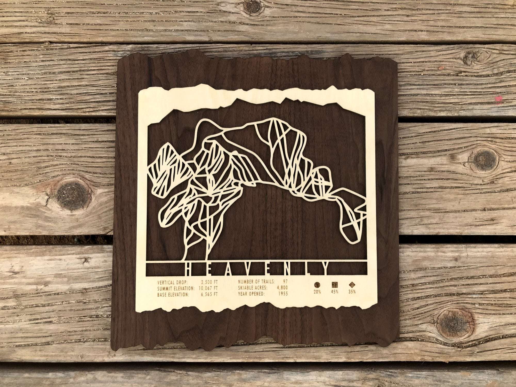 Top-down view of the Heavenly Trail Map - Ski Decor on rustic wood background, showcasing its unique ski trail art and natural wood finish.