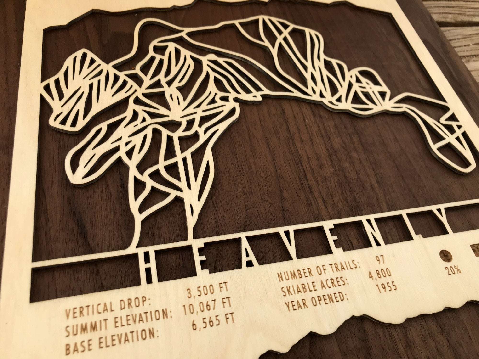 Detail shot of the Heavenly Trail Map showing vertical drop, summit elevation, and skiable acres, of this Tahoe ski resort.