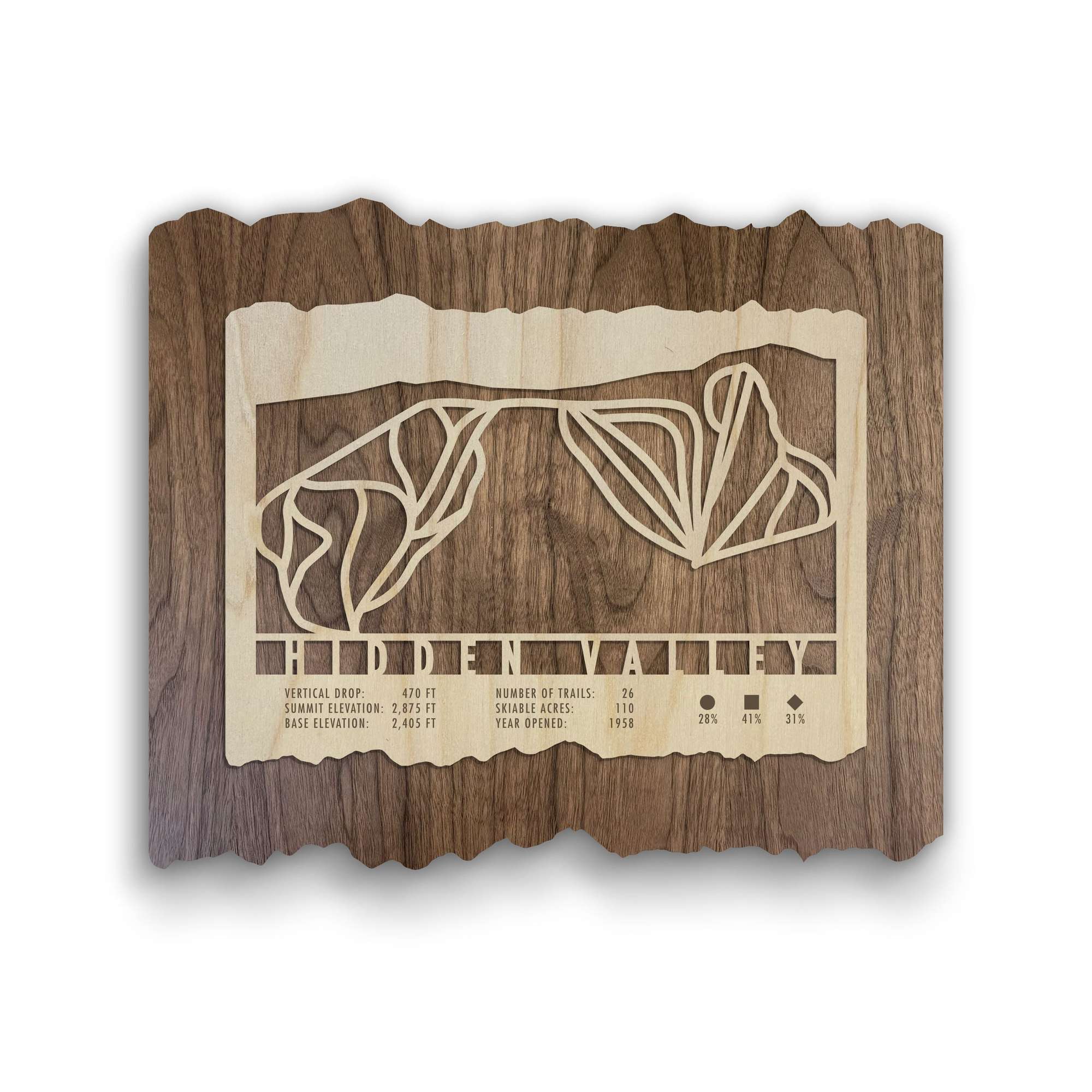 Hidden Valley Pennsylvania Ski Trail Map laser-cut from wood with trail outlines and resort stats, ideal for ski lodge or office wall decor.