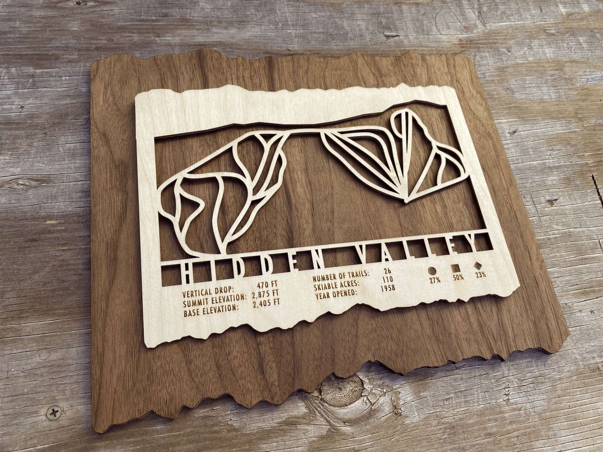 Angled view of Hidden Valley Pennsylvania Ski Trail Map in wood, showcasing engraved trail lines and rustic decor appeal for ski homes.