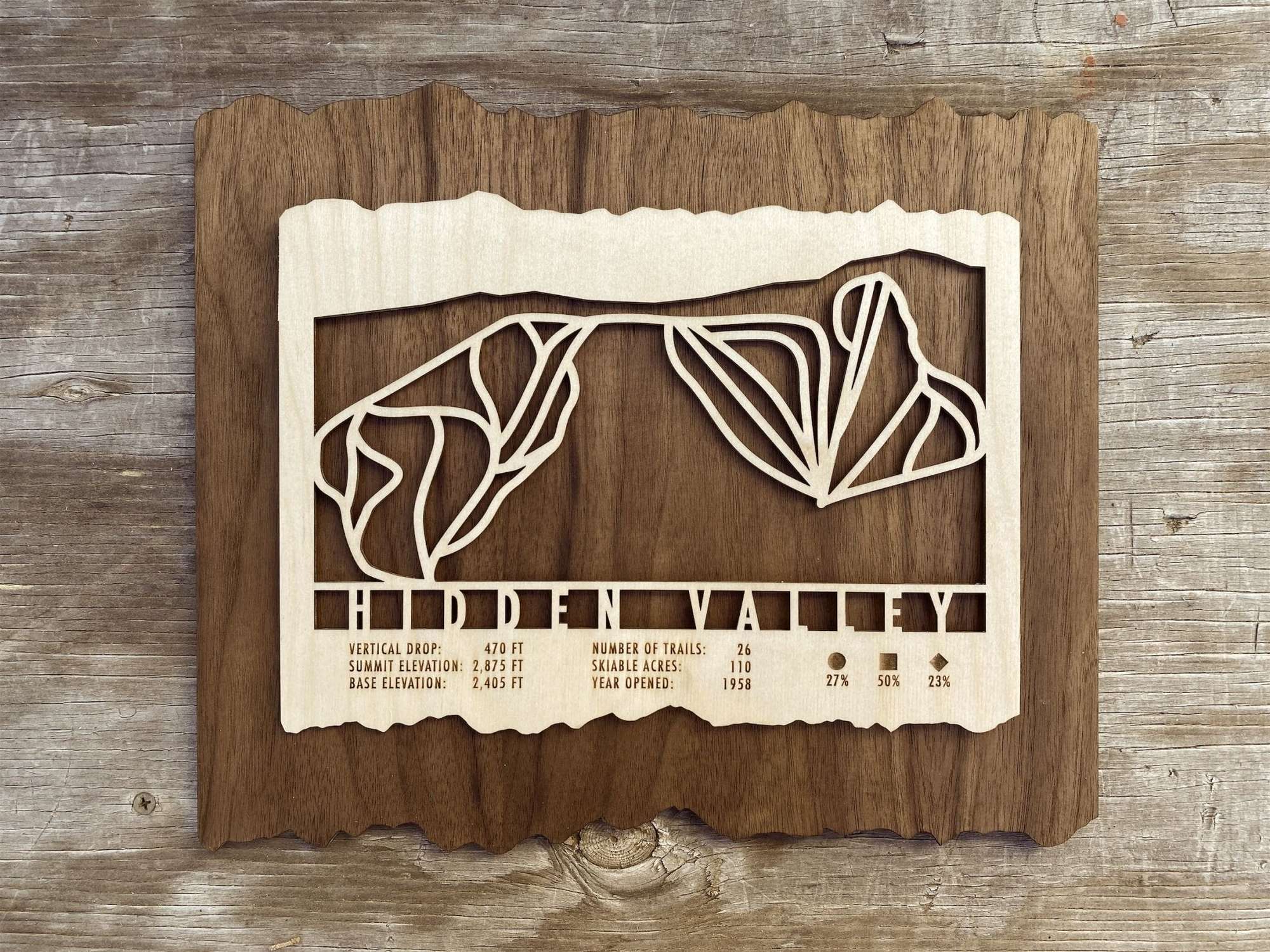 Rustic wood decor of Hidden Valley Pennsylvania Ski Trail Map featuring engraved ski trails and resort information for home or office.