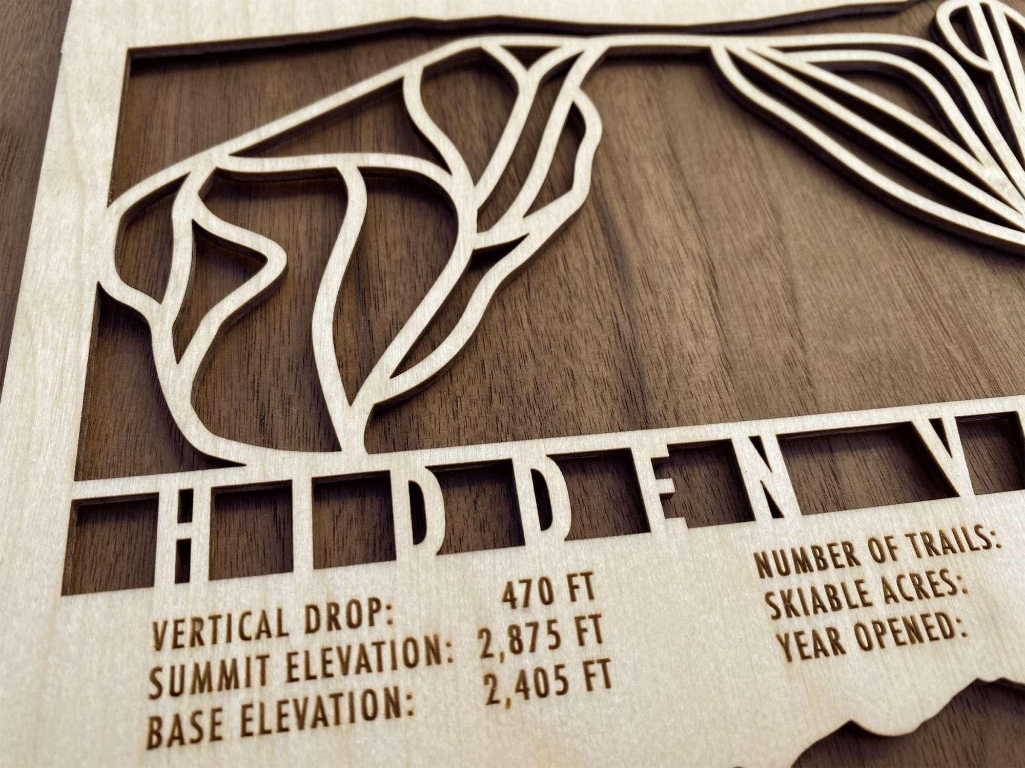 Detailed view of Hidden Valley Pennsylvania Ski Trail Map with engraved resort data including vertical drop and number of trails.