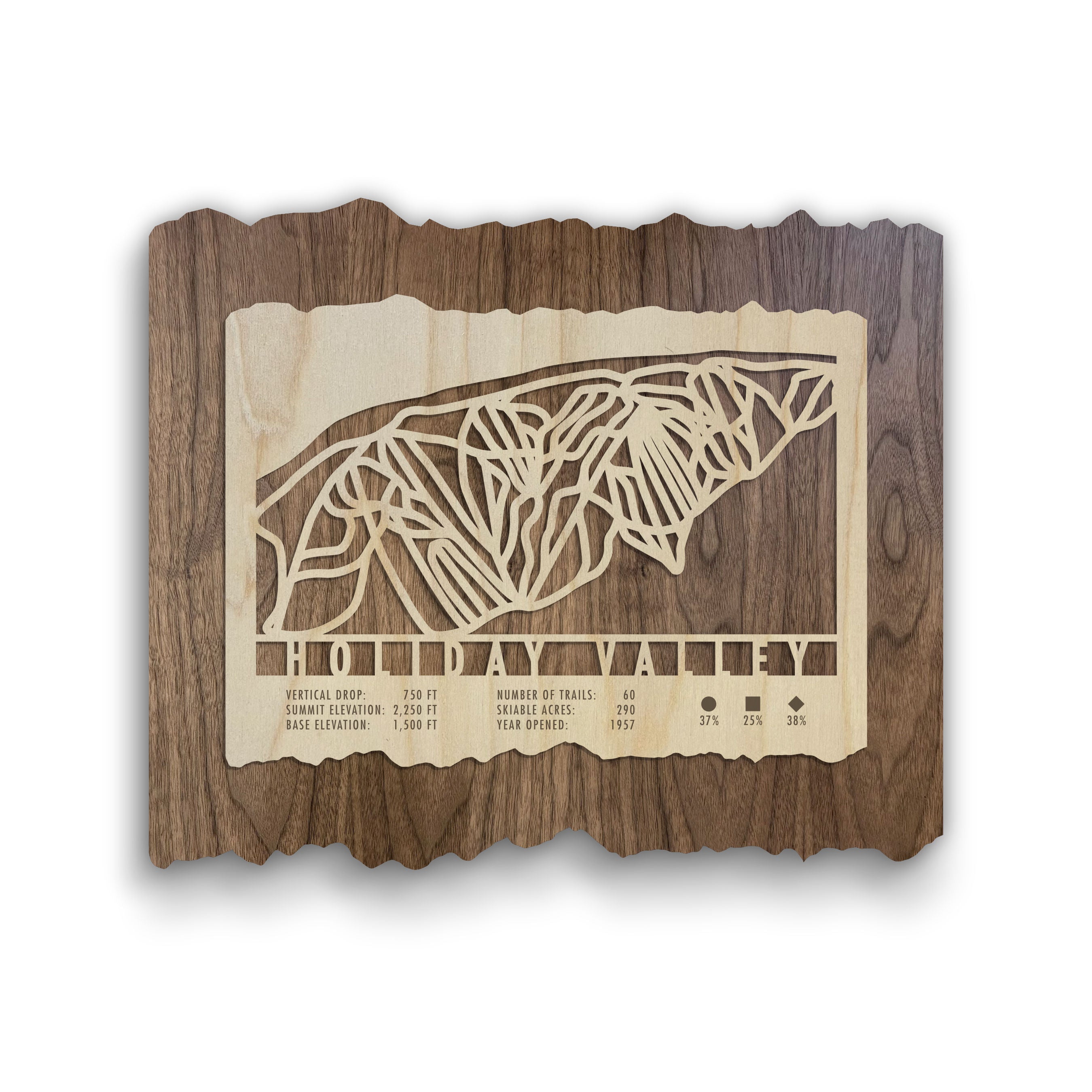 Holiday Valley Ski Trail Map - Wall Decor - MountainCut wooden ski map featuring laser-cut trail layout and resort stats on rustic wood.