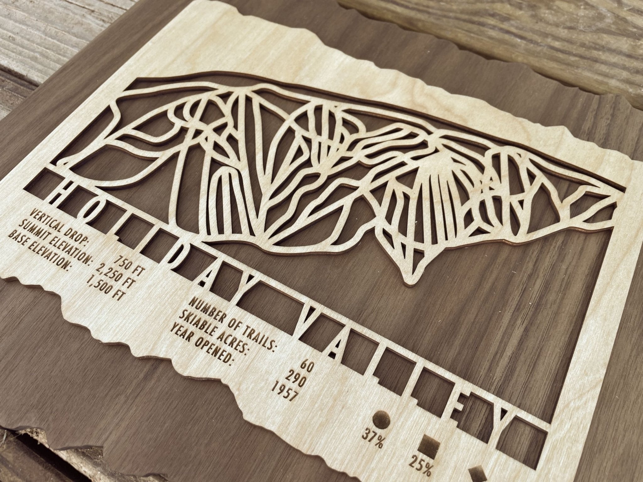 Detailed shot of Holiday Valley Ski Trail Map - Wall Decor - MountainCut with intricate trail lines and engraved elevation and trail data.