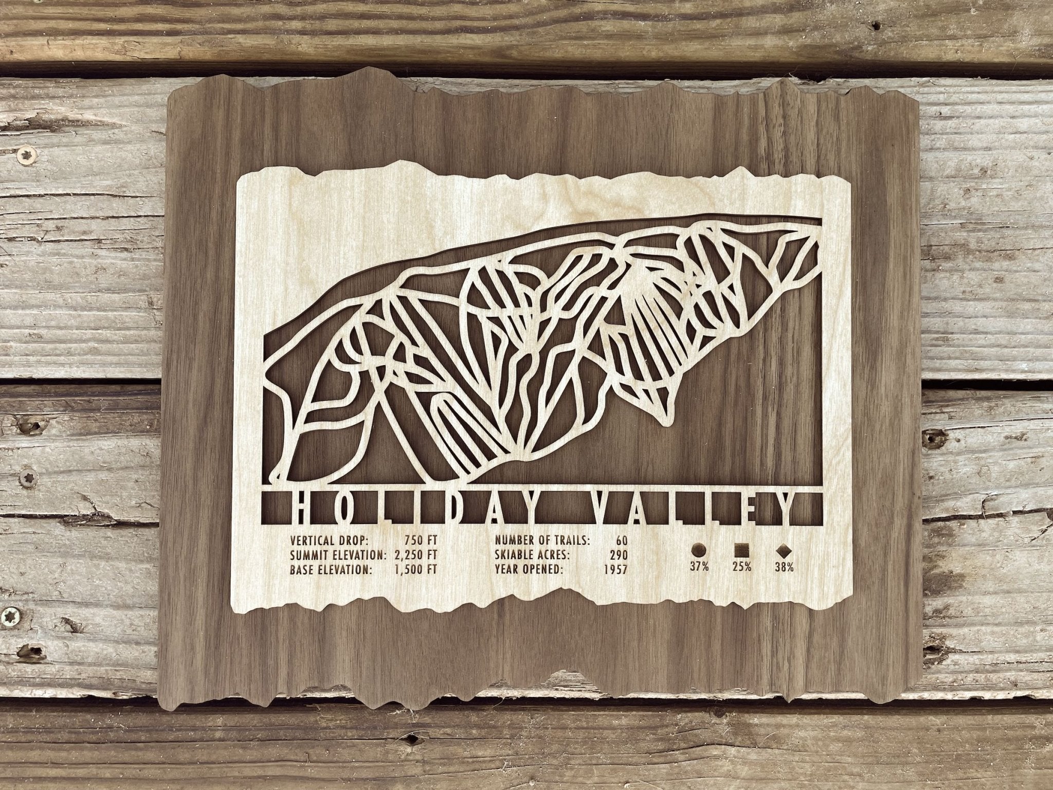 Holiday Valley Ski Trail Map - Wall Decor - MountainCut displayed on rustic wood background, showcasing ski trail art and resort details.