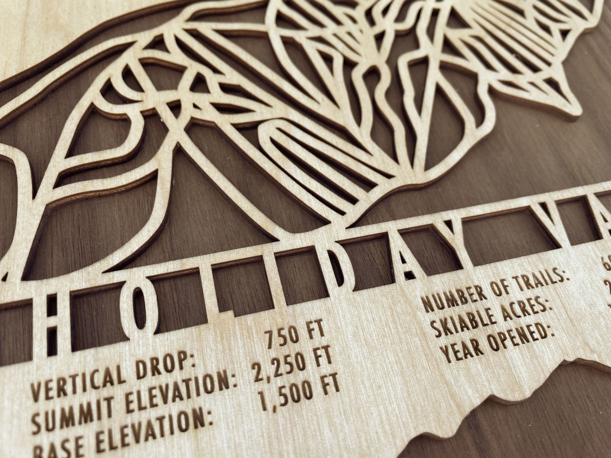 Macro view of Holiday Valley Trail Map - Wall Decor - MountainCut highlighting precise laser-cut lettering and trail stats on wood.