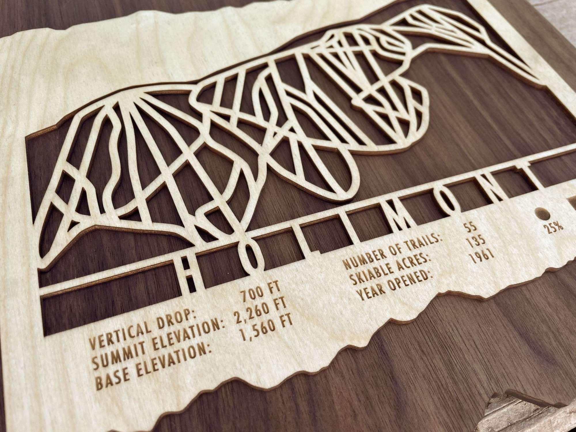 Detailed view of Holimont Trail Map - Wall Decor - highlighting trail stats and elevations, crafted from layered wood for a 3D effect.