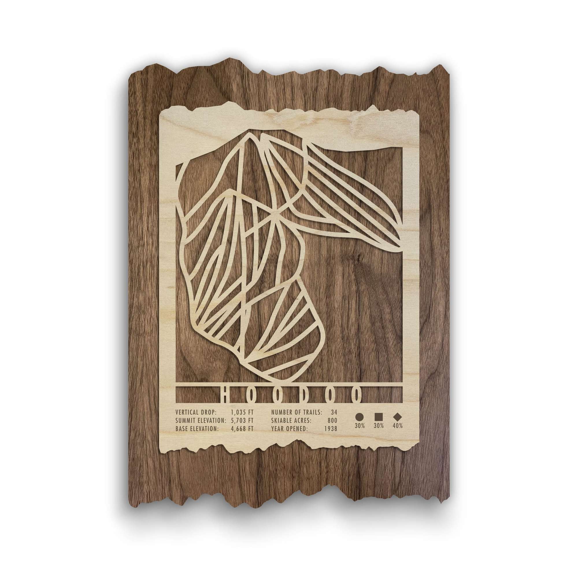 Hoodoo Ski Trail Map - Wall Decor - MountainCut wooden ski map featuring laser-cut trail design and resort stats, ideal for your rustic Oregon home or lodge decor.