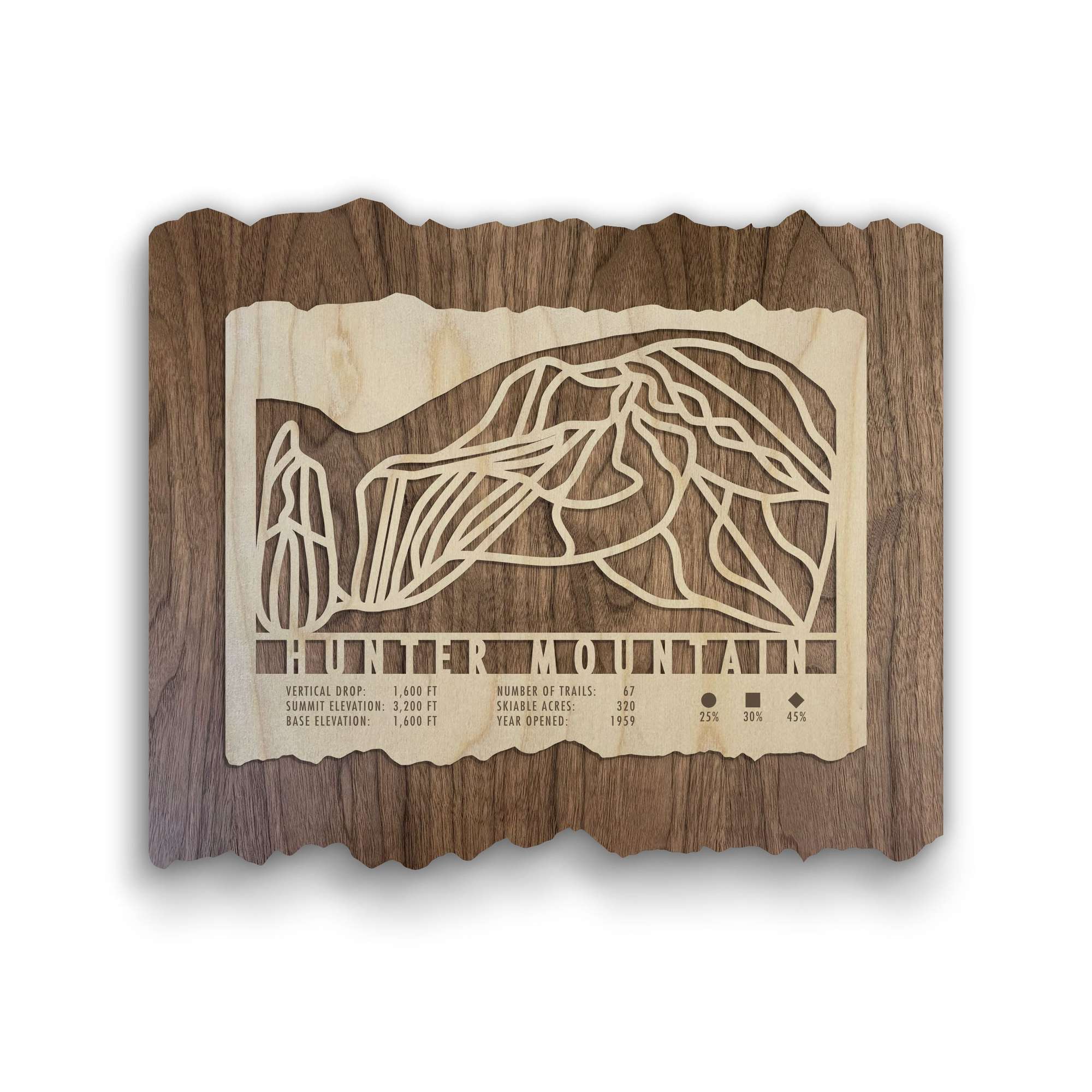 Hunter Mountain Ski Trail Map - Gift for Skiers, laser-cut wood ski map wall art showing trail layout and stats, ideal for ski lodge or office decor.