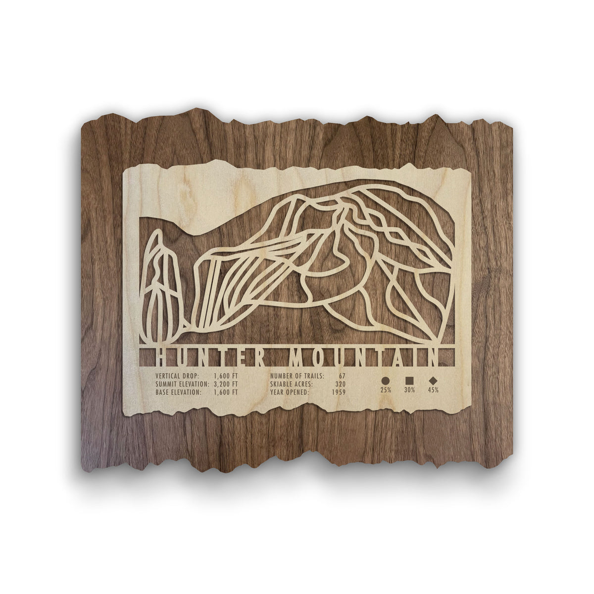 Hunter Mountain Ski Trail Map - Gift for Skiers, laser-cut wood ski map wall art showing trail layout and stats, ideal for ski lodge or office decor.