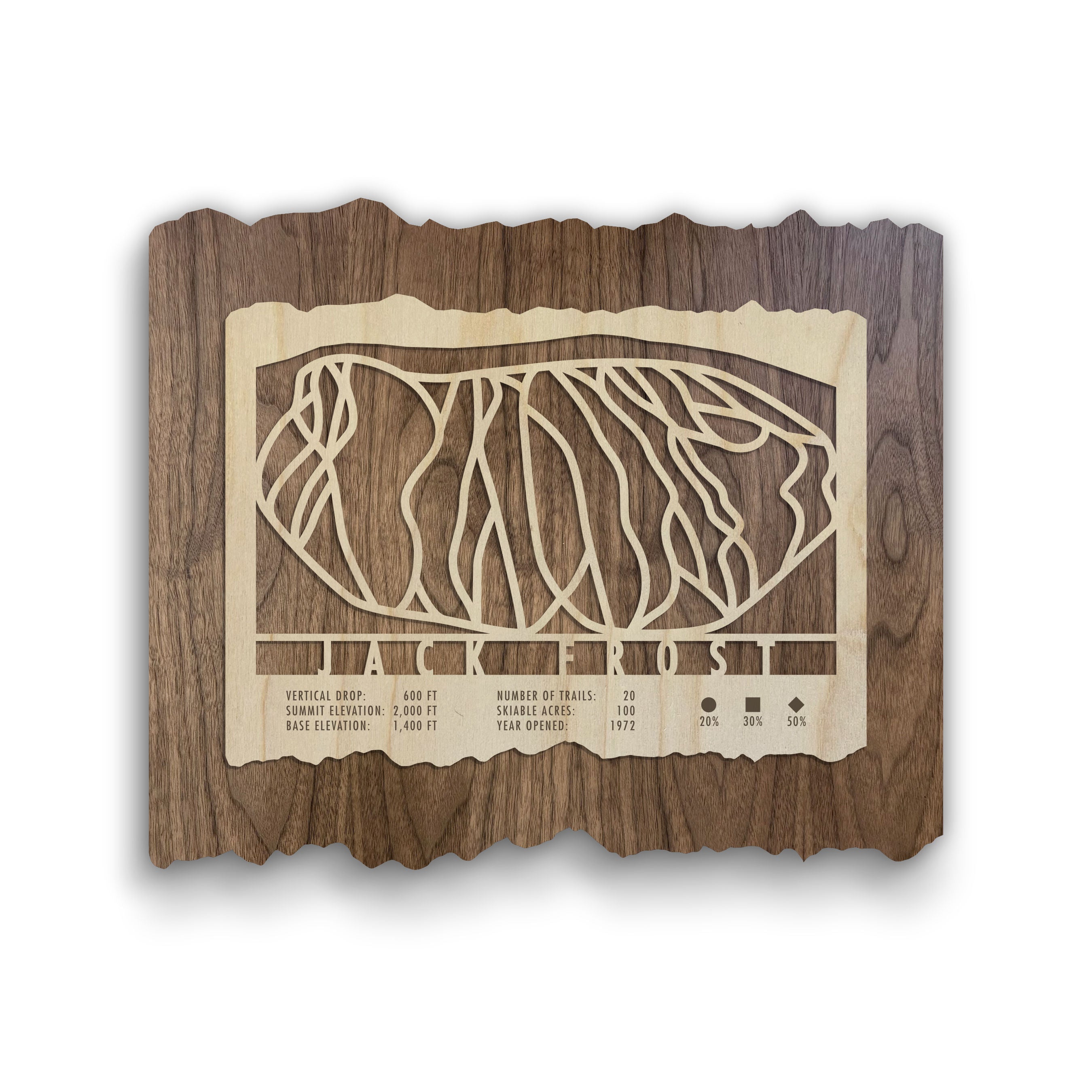 Jack Frost Ski Trail Map - Wall Decor - MountainCut wooden ski map showing trail layout, elevations, and stats, ideal for ski lodge or home decor.
