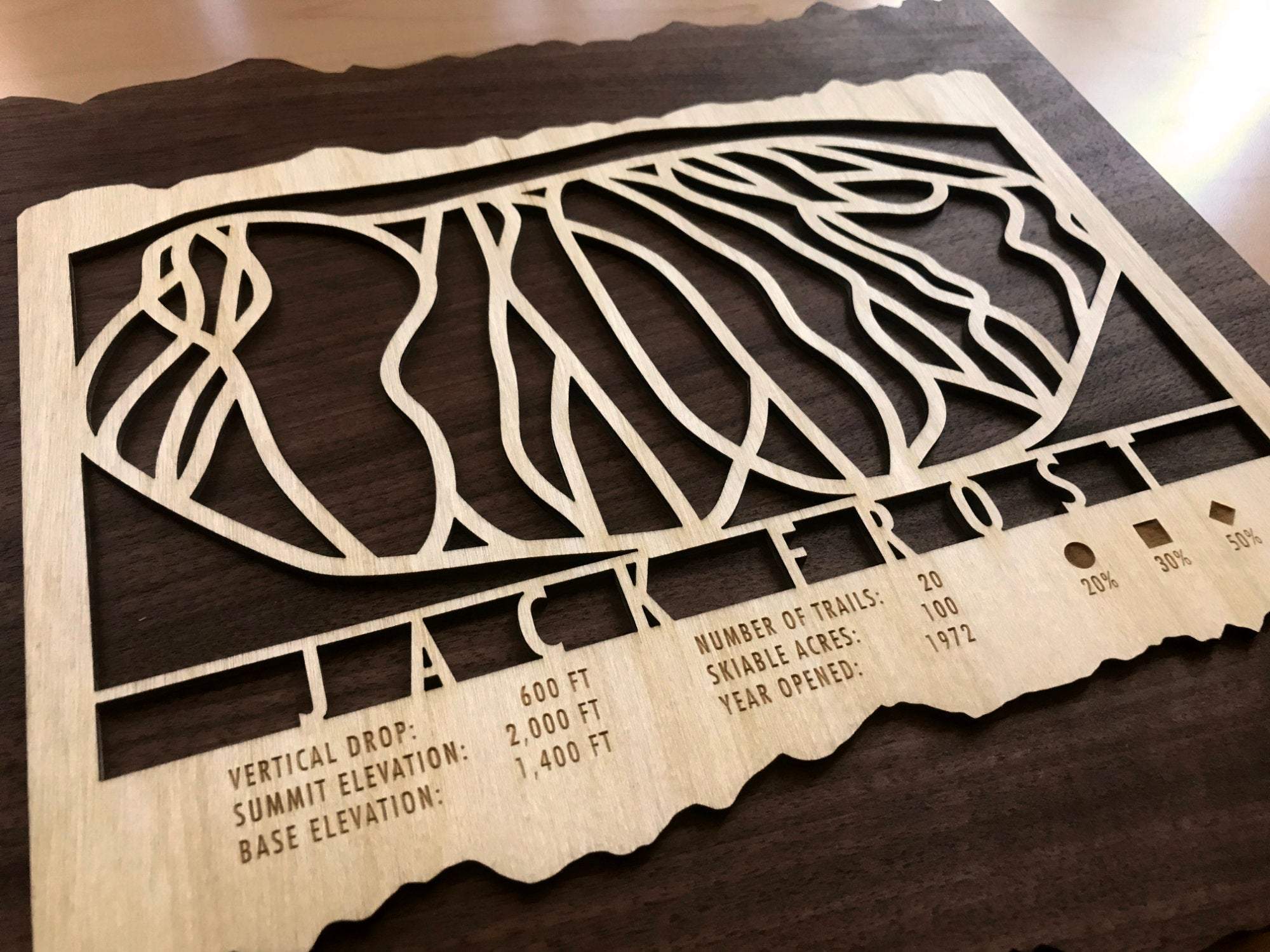 Jack Frost Ski Trail Map - Wall Decor - MountainCut close-up of wooden ski map detailing trail difficulty and resort stats, great gift for ski enthusiasts.