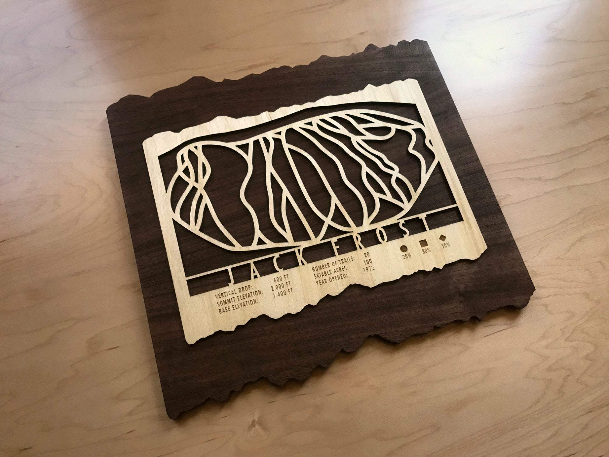 Jack Frost Ski Trail Map - Wall Decor - MountainCut handcrafted wooden ski trail map with rustic edges, stylish decor for mountain homes or offices.