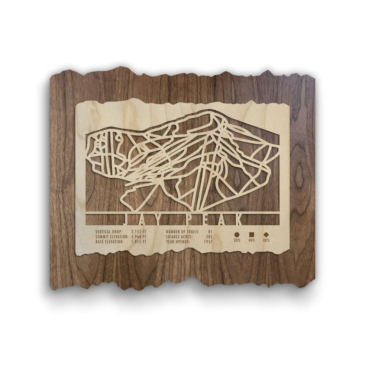Jay Peak Ski Trail Map - Wood Wall Decor by Mountaincut featuring laser-cut ski trails on natural wood, perfect for ski home or office decor.