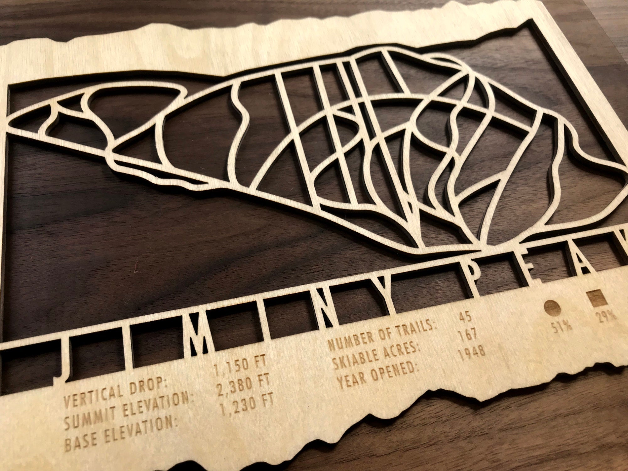 Close-up of Jiminy Peak Ski Trail Map - Ski Decor - Mountaincut showing detailed trail lines and resort information engraved in wood.