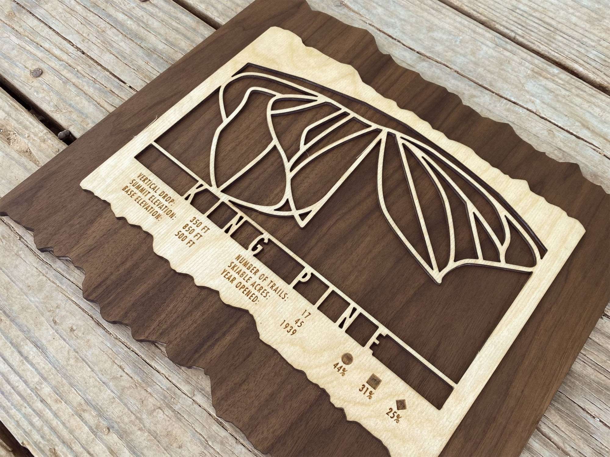 King Pine Ski Trail Map - Wood Wall Decor - MountainCut handcrafted wooden ski trail map with engraved details, great for ski-themed wall art in cabins or lodges.