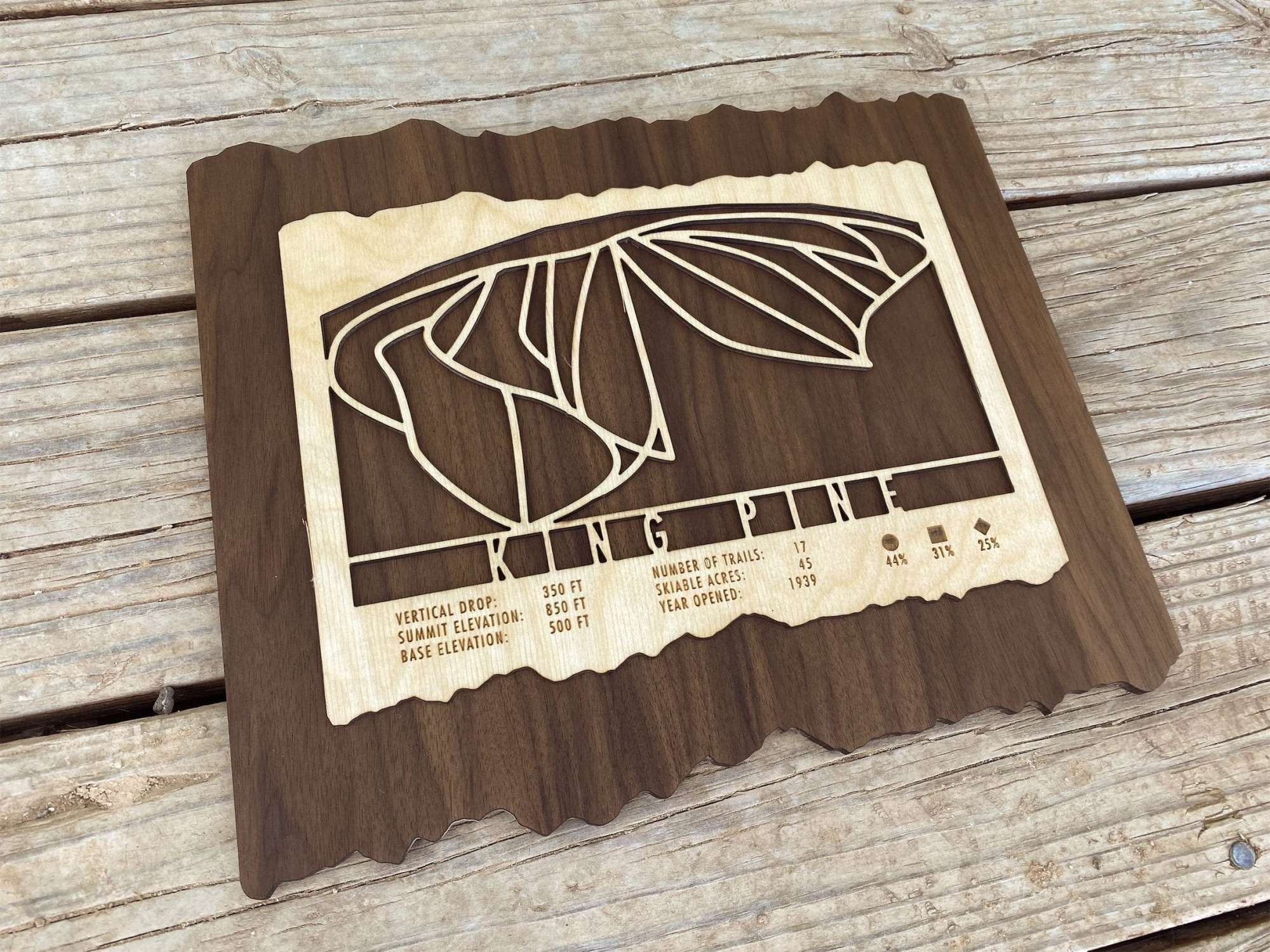 King Pine Ski Trail Map - Ski Decor - Mountaincut laser-cut wood ski map displayed on wooden surface, perfect for New Hampshire ski lovers' home decor.