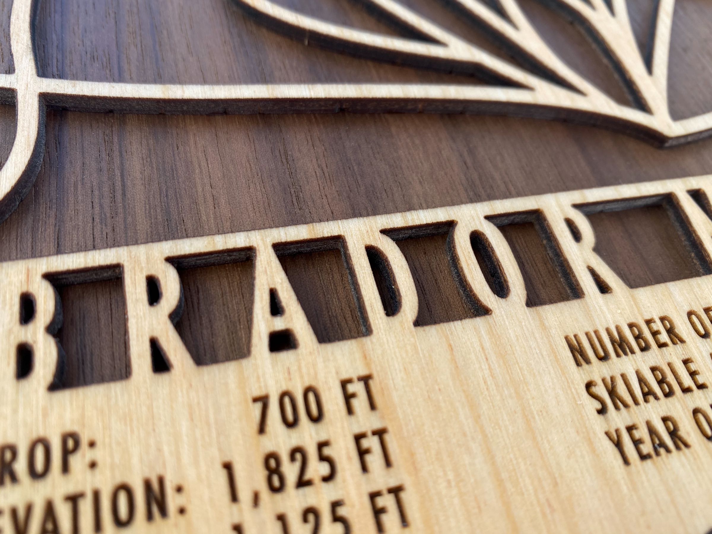 Close-up of Labrador Mountain wood ski map showing detailed laser engraving and precision-cut lettering for premium wall art.